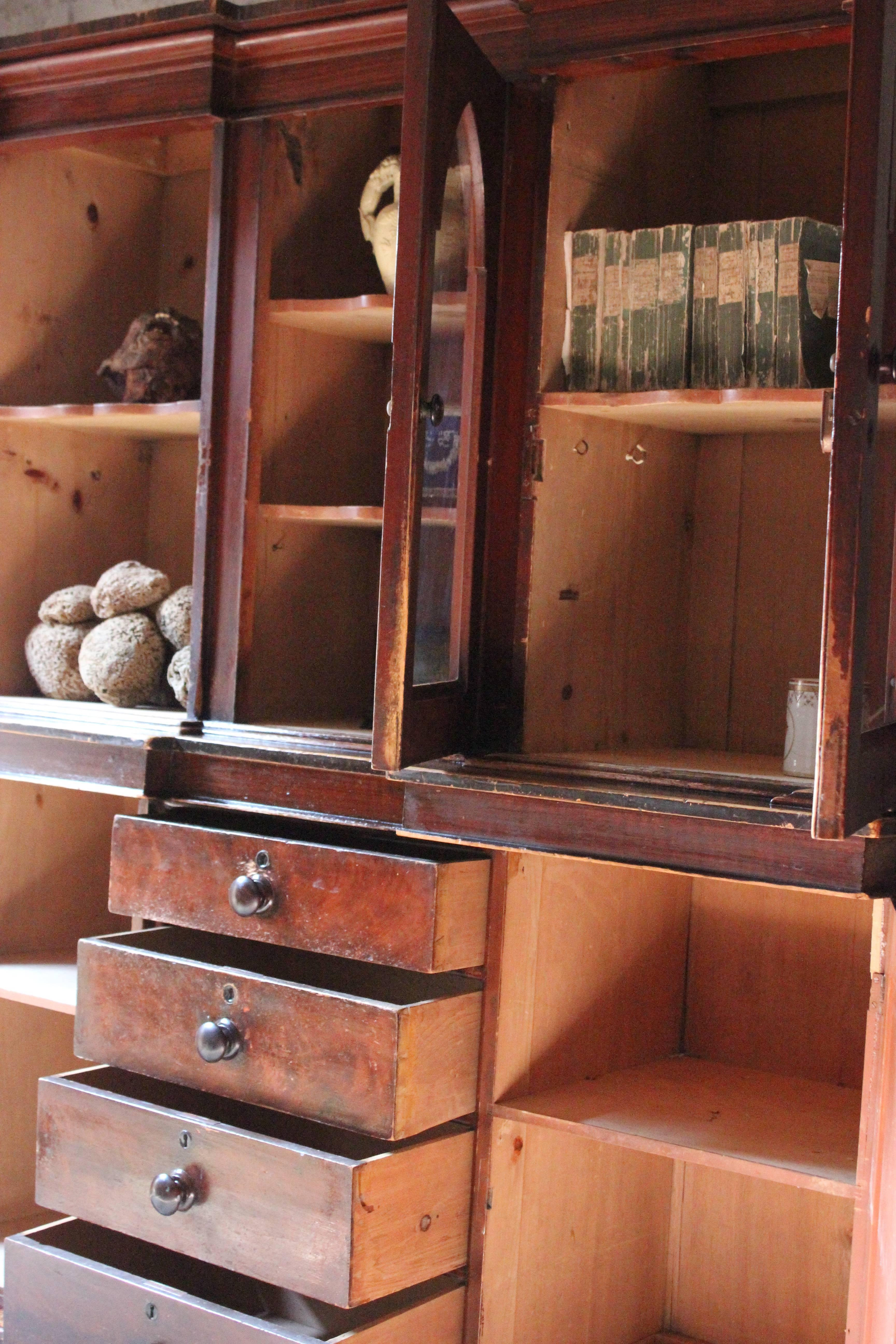 Decorative, Gothic Revival Stained Pine Breakfront Bookcase, circa 1840 For Sale 1