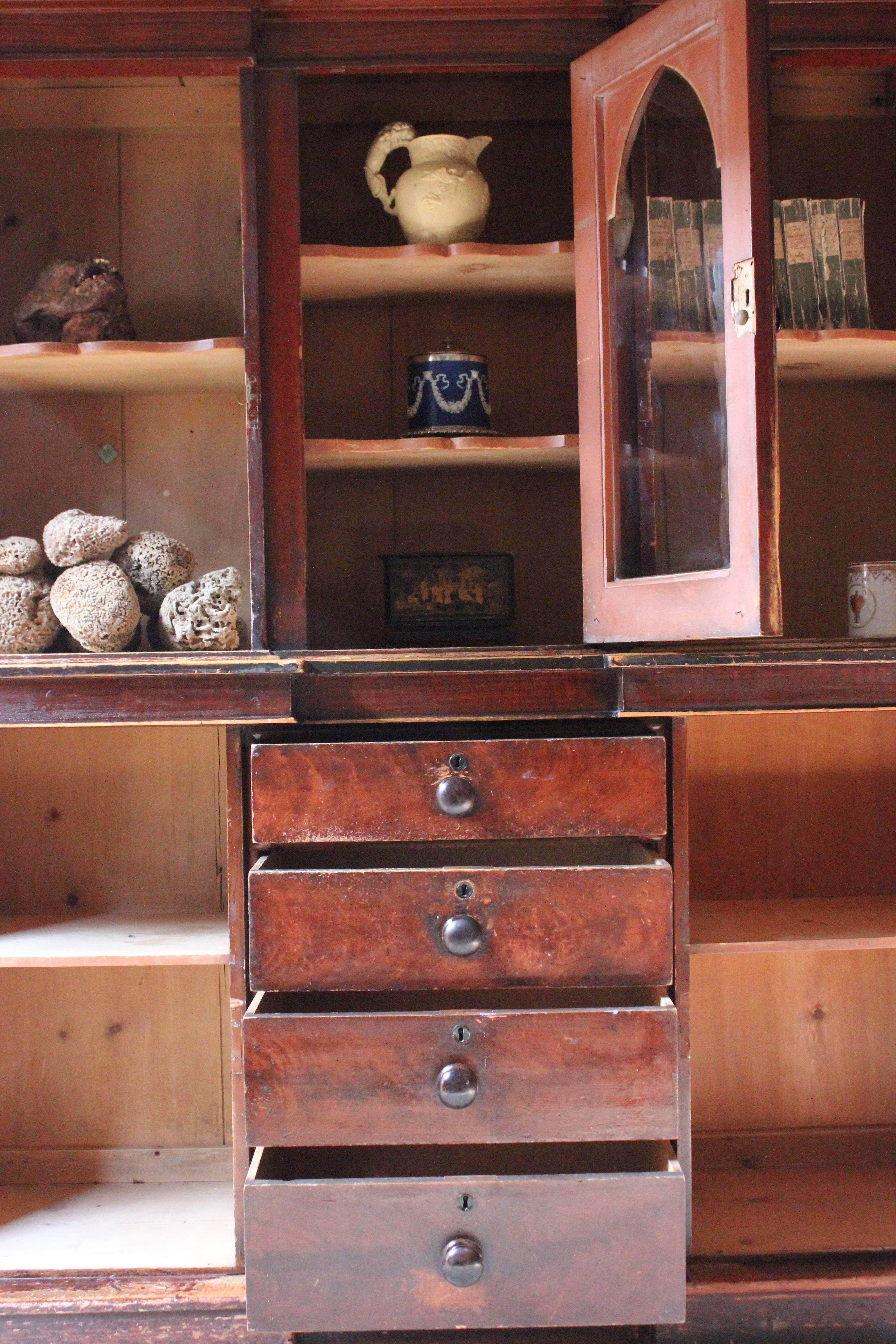 Decorative, Gothic Revival Stained Pine Breakfront Bookcase, circa 1840 For Sale 2