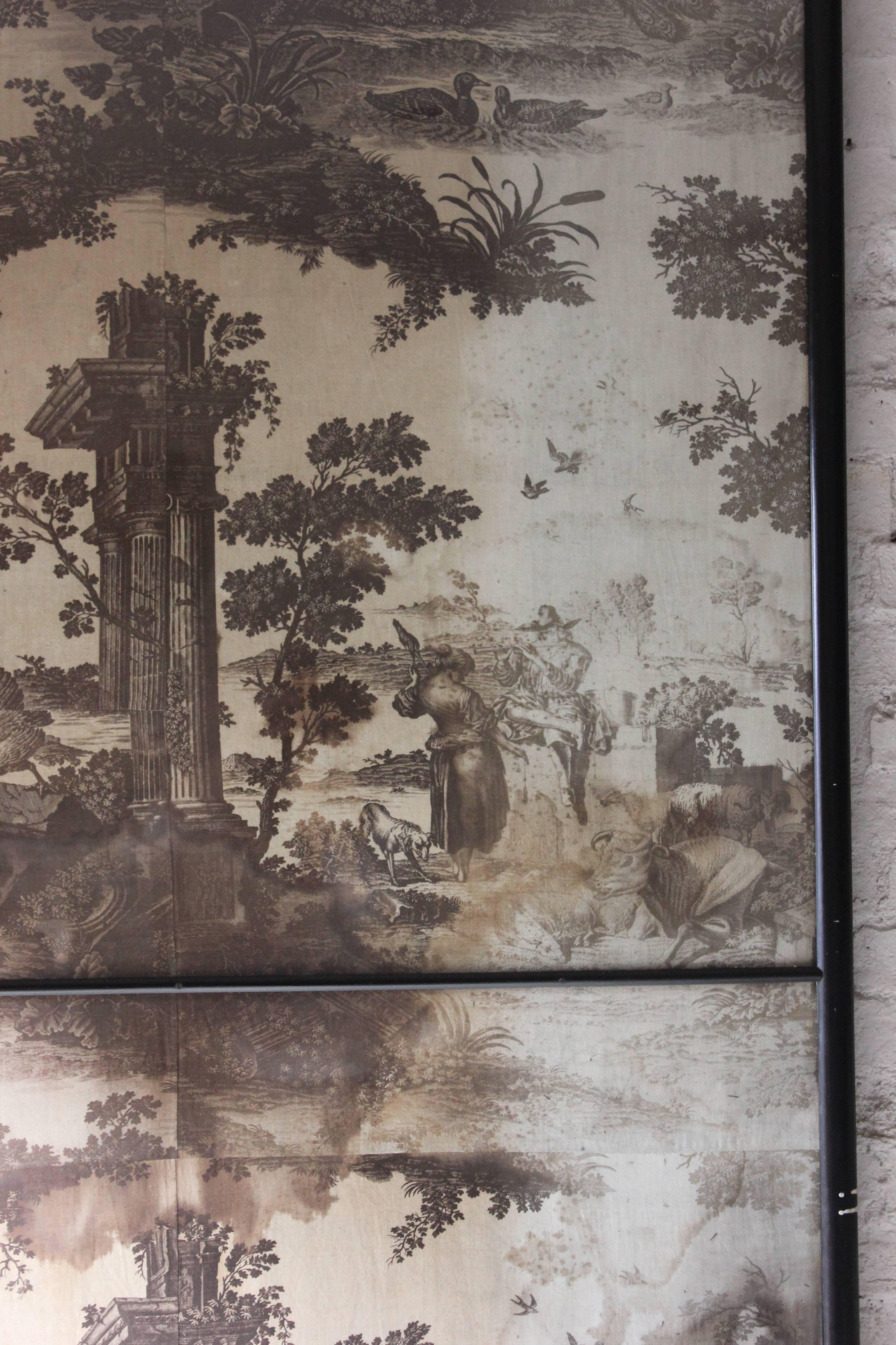 George III Large Framed Mid-18thC Section of 'Toiles de Jouy' Wall Covering; 'The Old Ford'