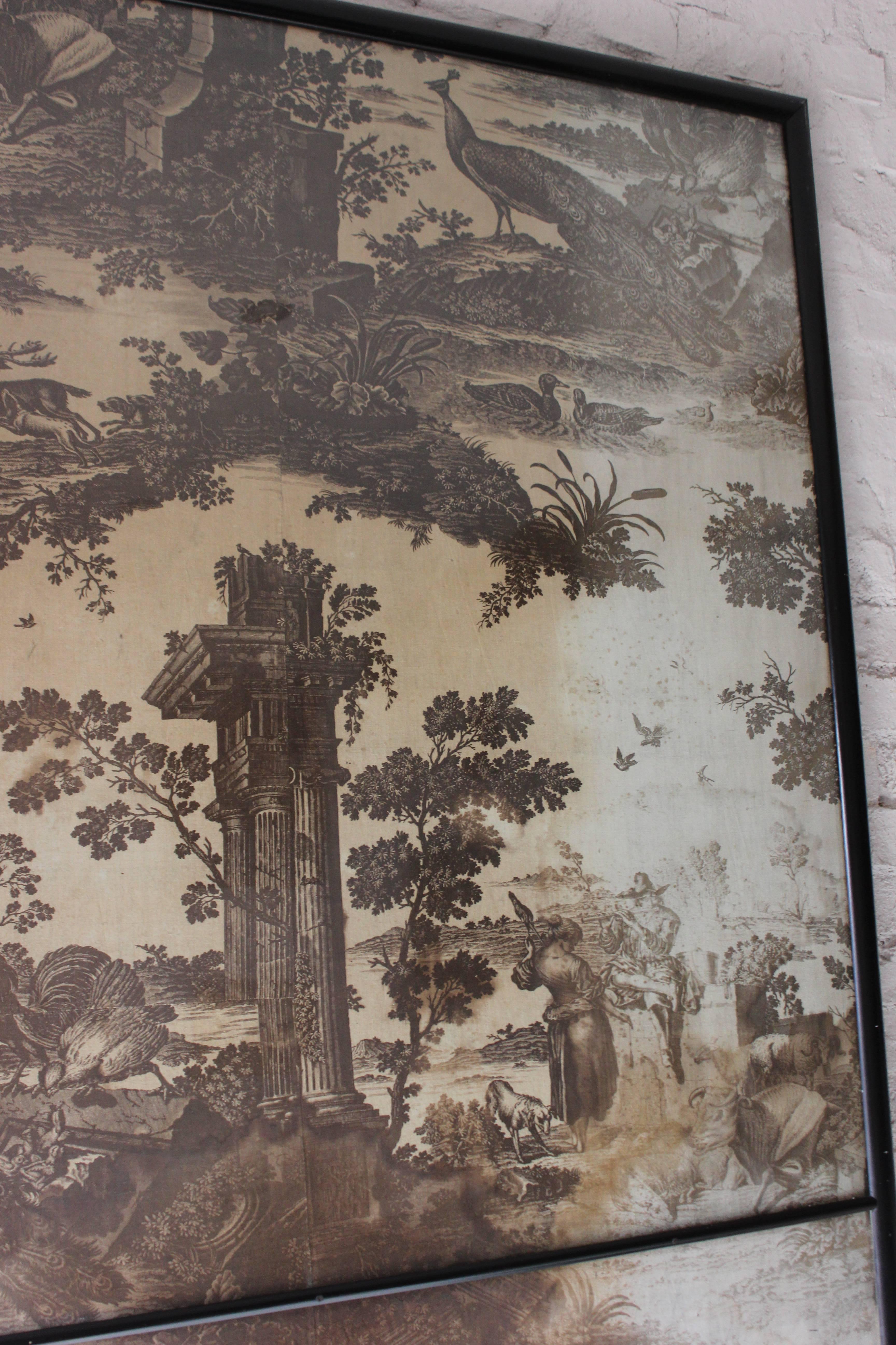 English Large Framed Mid-18thC Section of 'Toiles de Jouy' Wall Covering; 'The Old Ford'