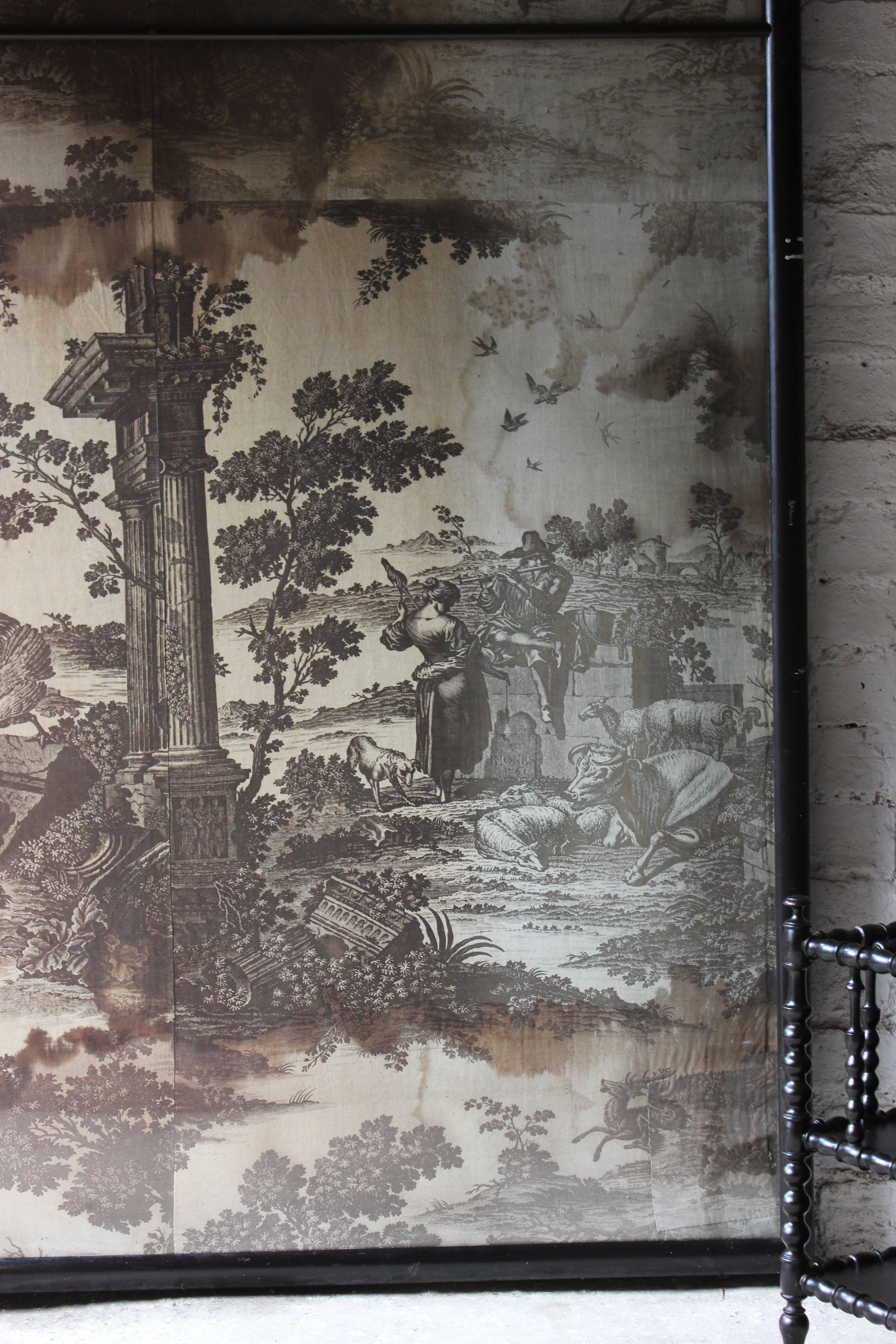 Ebonized Large Framed Mid-18thC Section of 'Toiles de Jouy' Wall Covering; 'The Old Ford'