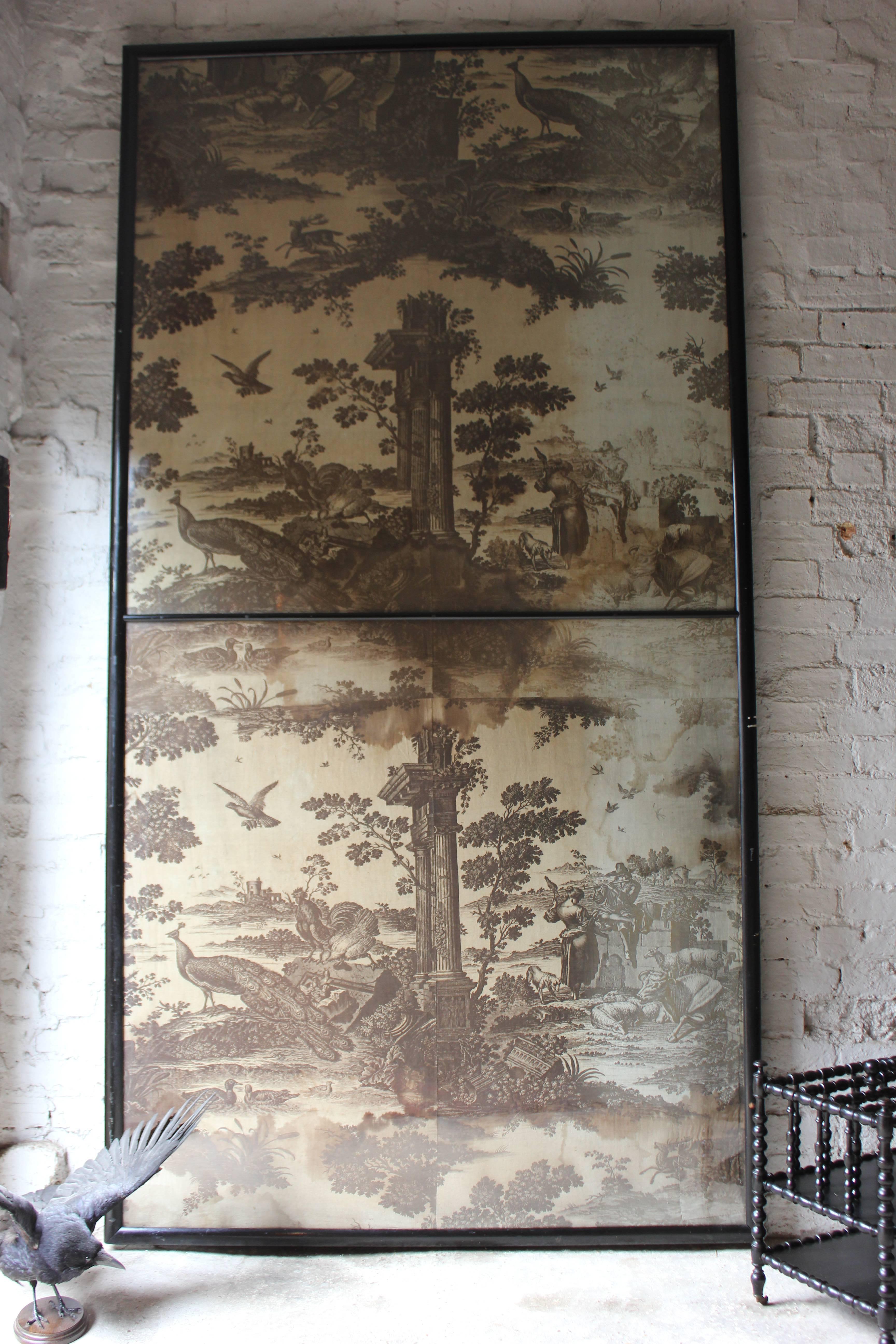 Large Framed Mid-18thC Section of 'Toiles de Jouy' Wall Covering; 'The Old Ford' In Fair Condition In Bedford, Bedfordshire