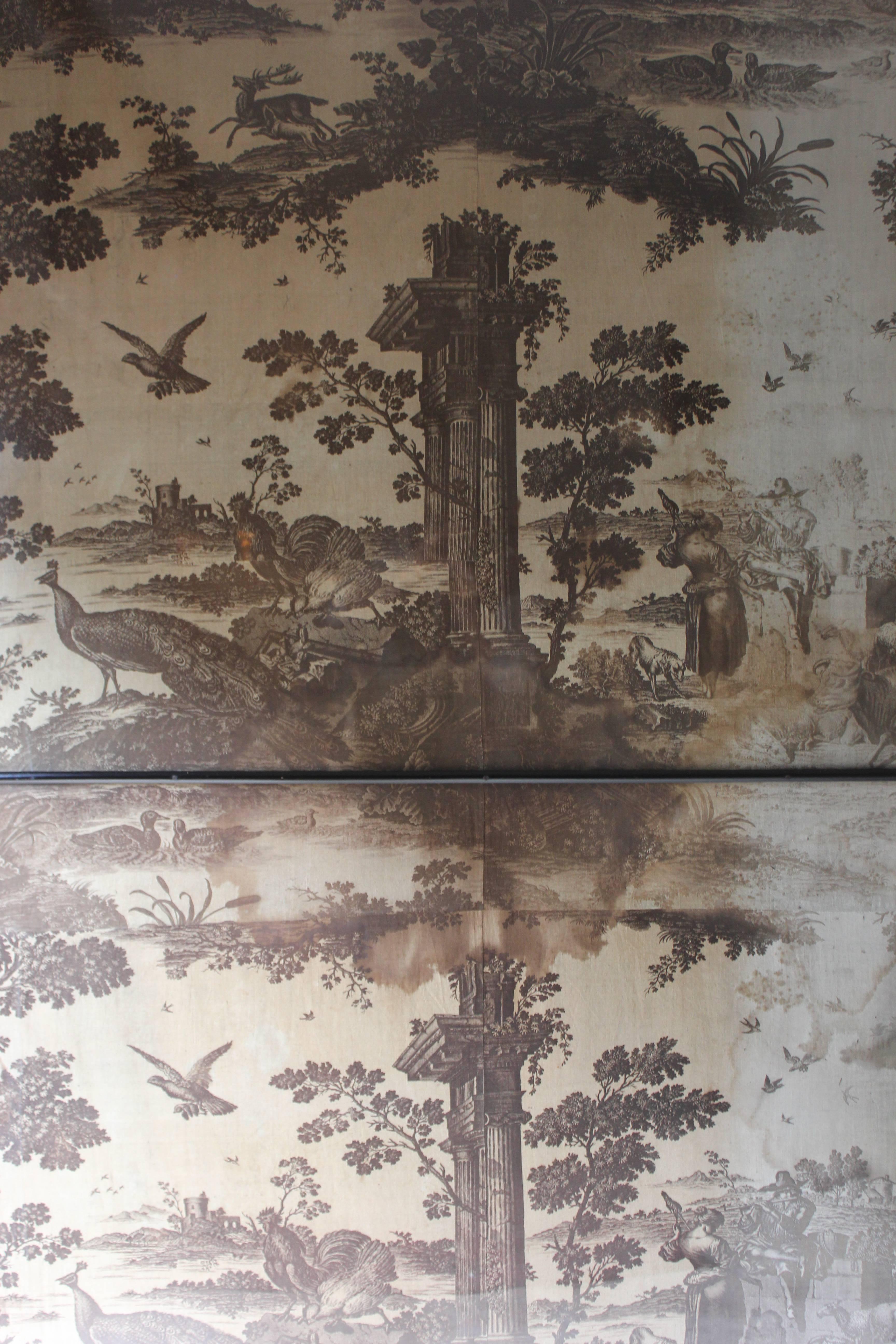 Mid-18th Century Large Framed Mid-18thC Section of 'Toiles de Jouy' Wall Covering; 'The Old Ford'