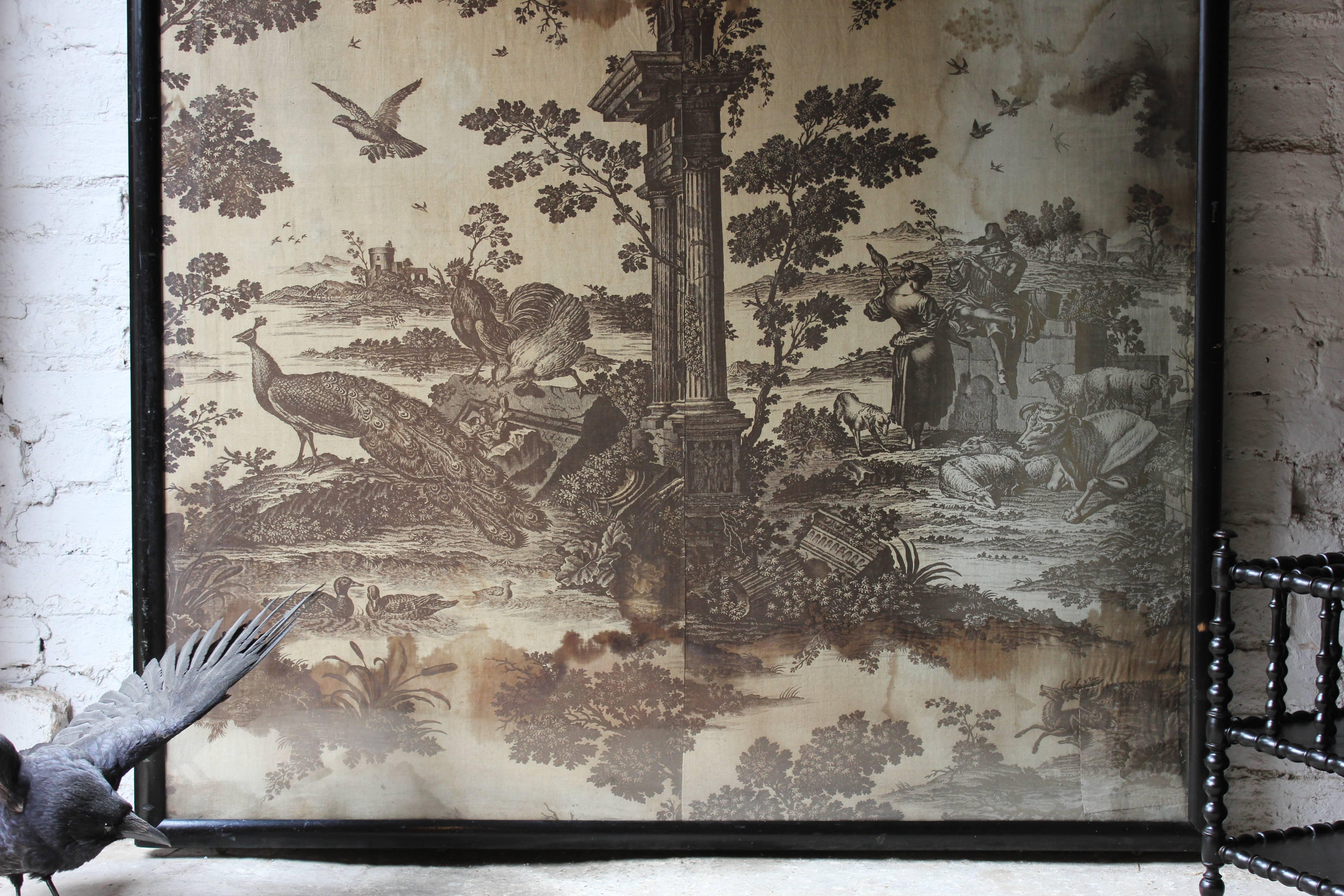Cotton Large Framed Mid-18thC Section of 'Toiles de Jouy' Wall Covering; 'The Old Ford'