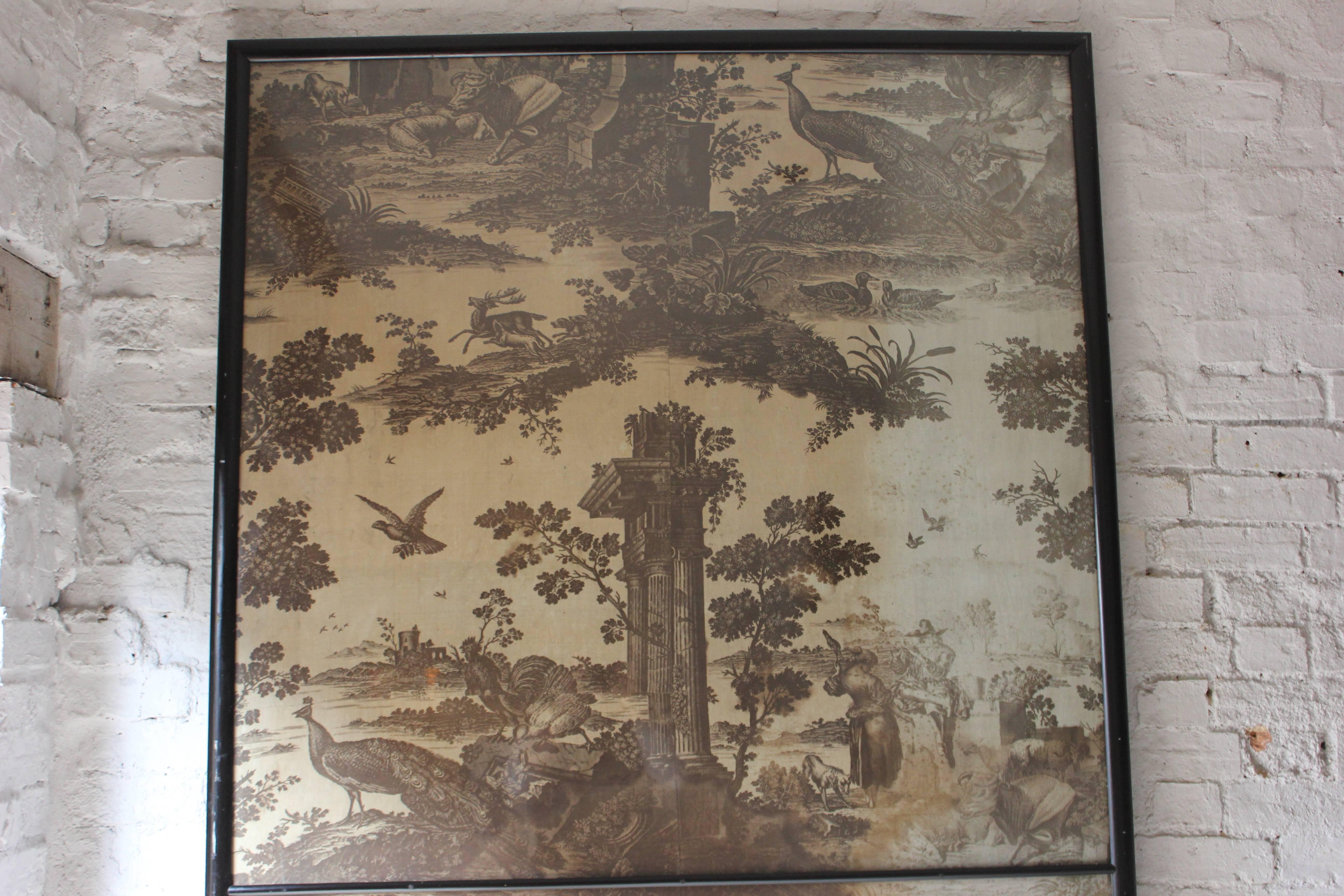 Large Framed Mid-18thC Section of 'Toiles de Jouy' Wall Covering; 'The Old Ford' 1