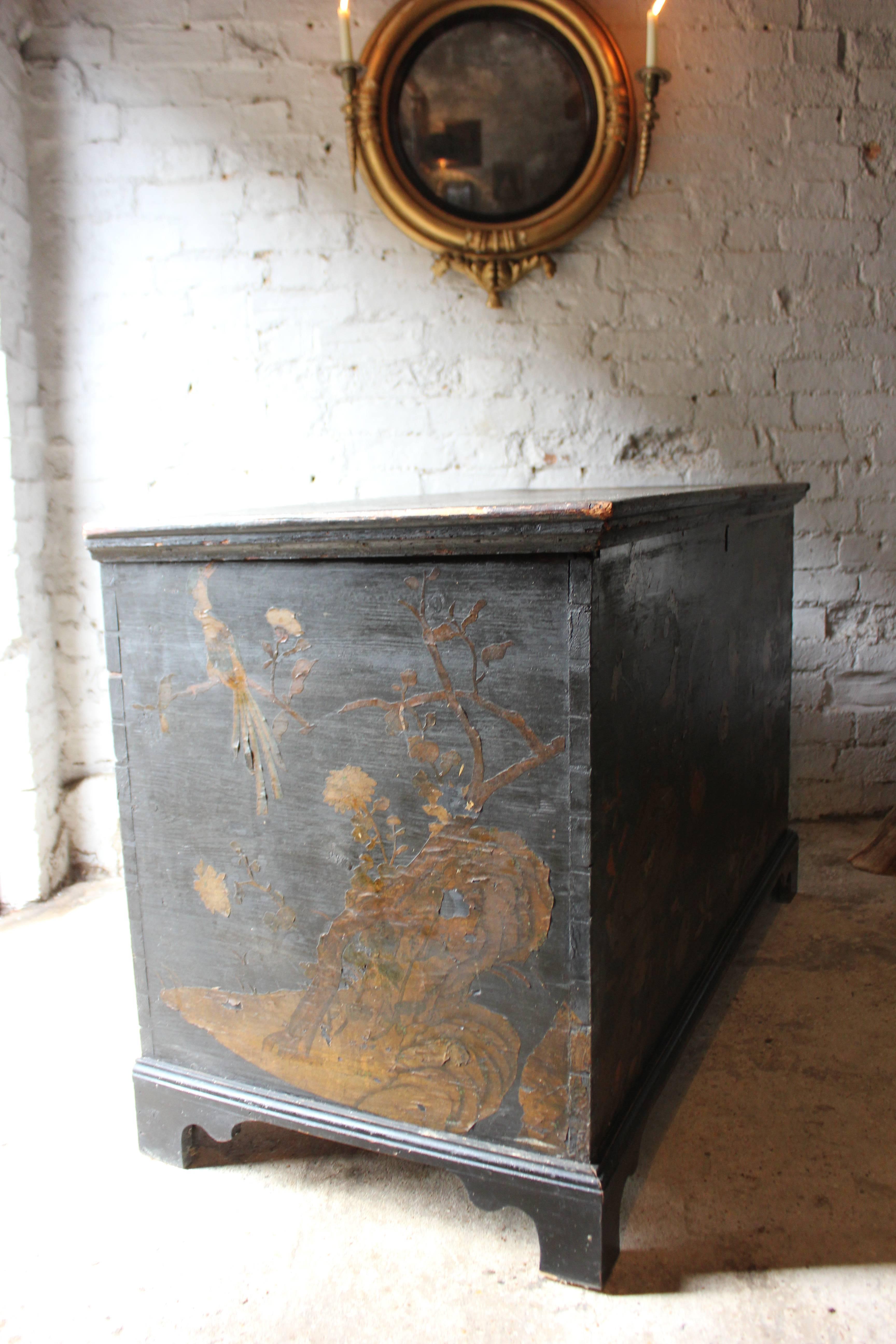 English Decorative circa 1810 & Later Black Japanned & Chinoiserie Decoupage Pine Chest