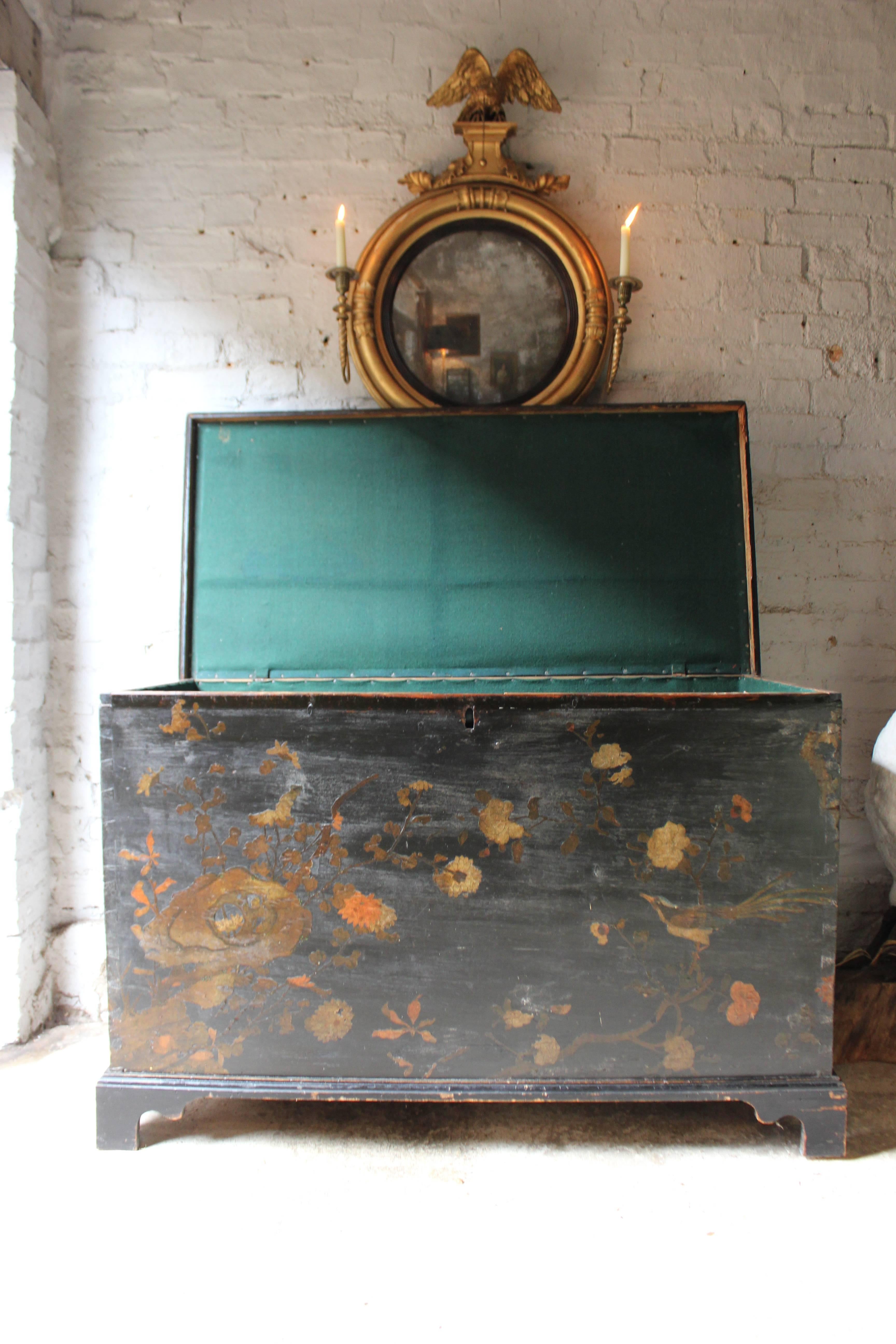 George II Decorative circa 1810 & Later Black Japanned & Chinoiserie Decoupage Pine Chest