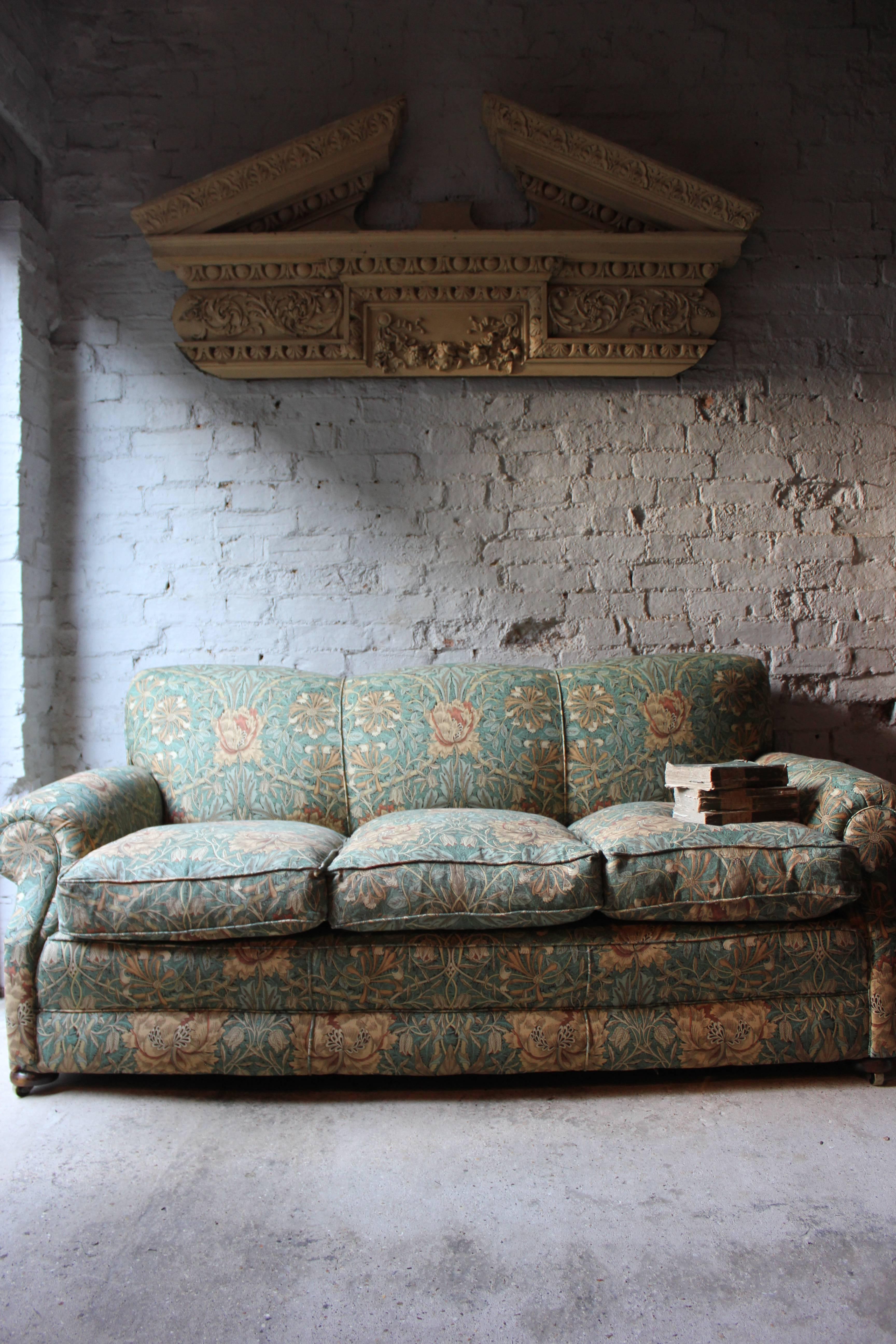English Beautiful Liberty Fabric Upholstered Edwardian Period Three-Seat Sofa