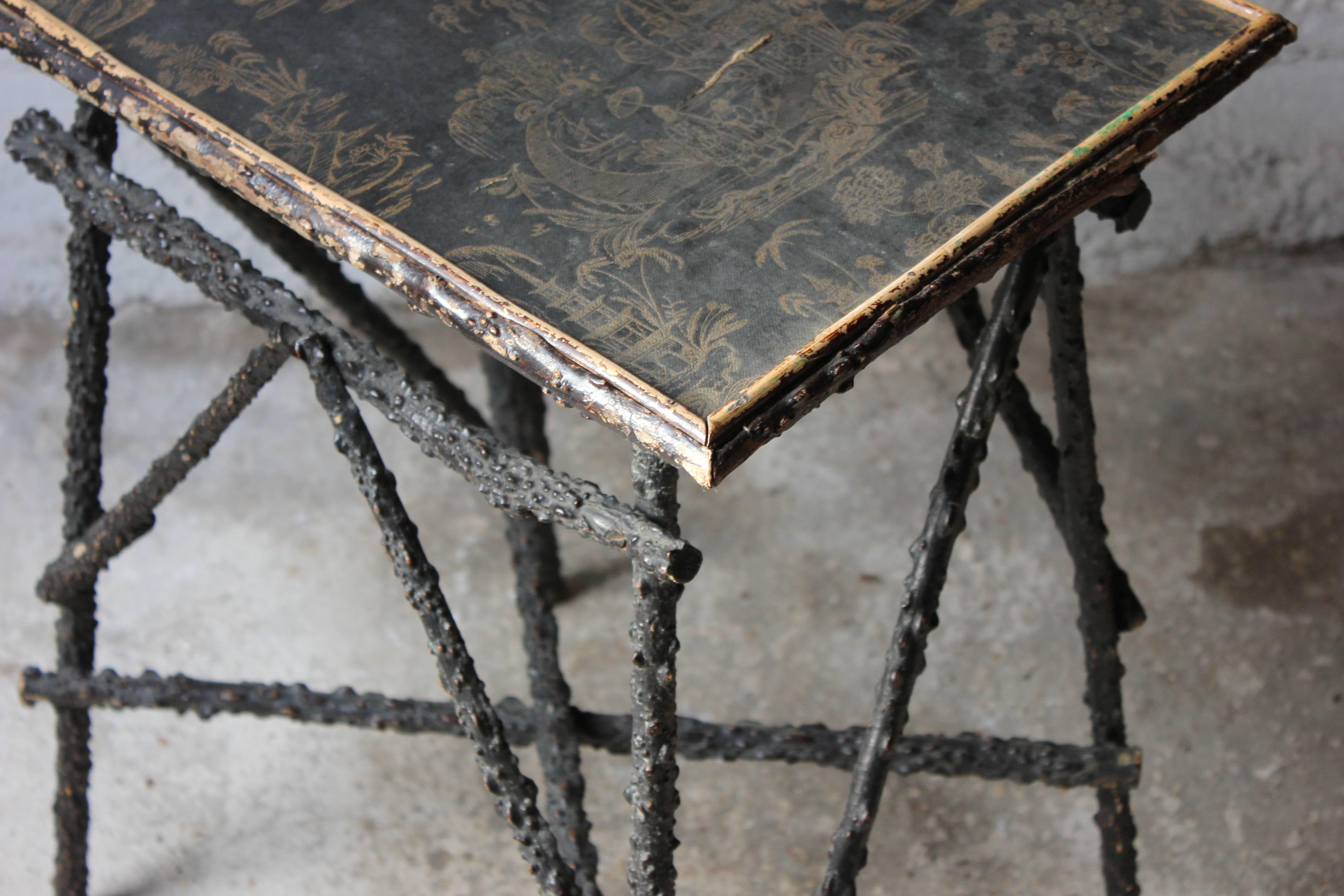 High Victorian Very Pretty circa 1860-1880 Ebonized and Chinoiserie Decorated Twig Table