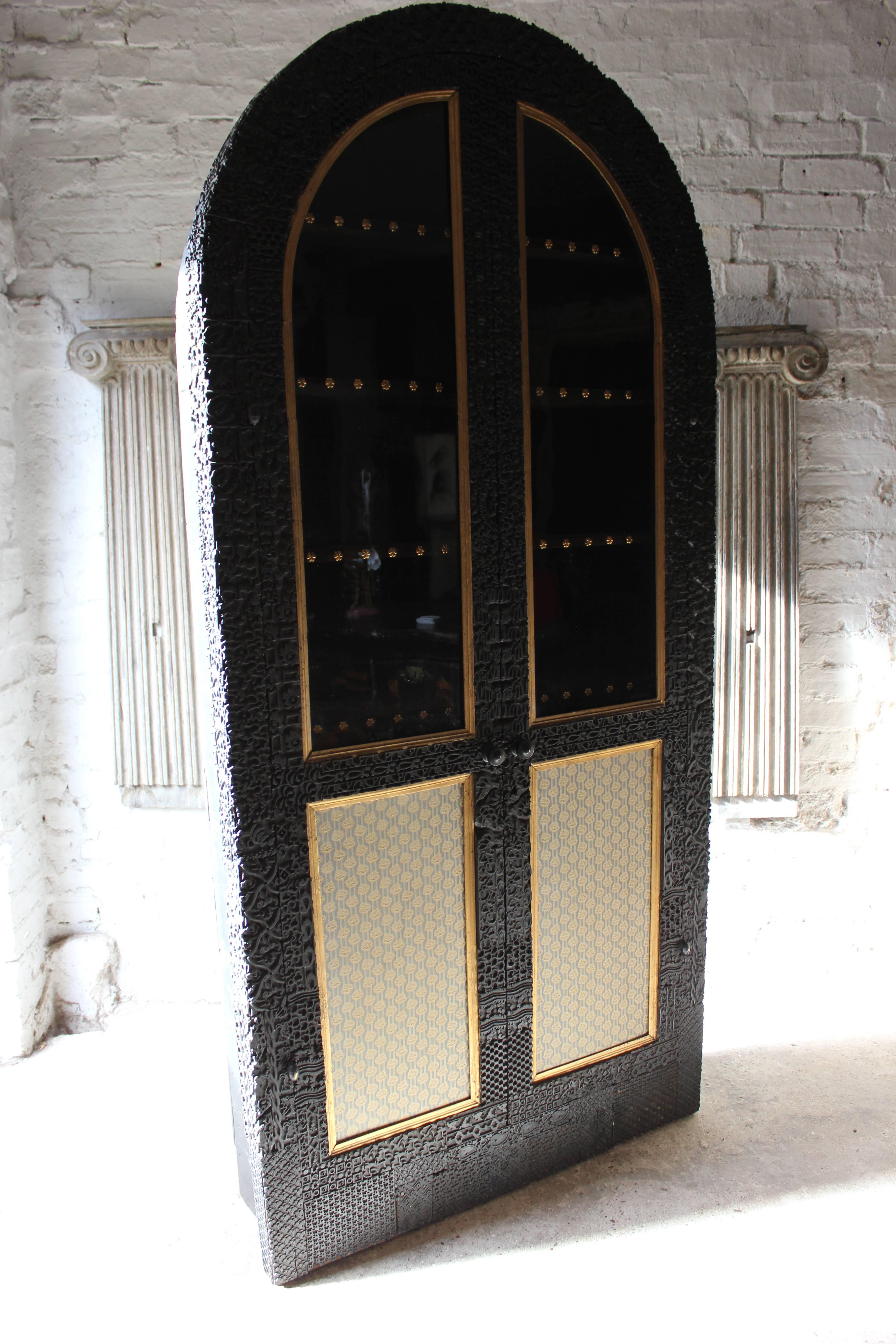 English Very Unusual Victorian Arched Ebonized Glazed Printing Block Display Cabinet