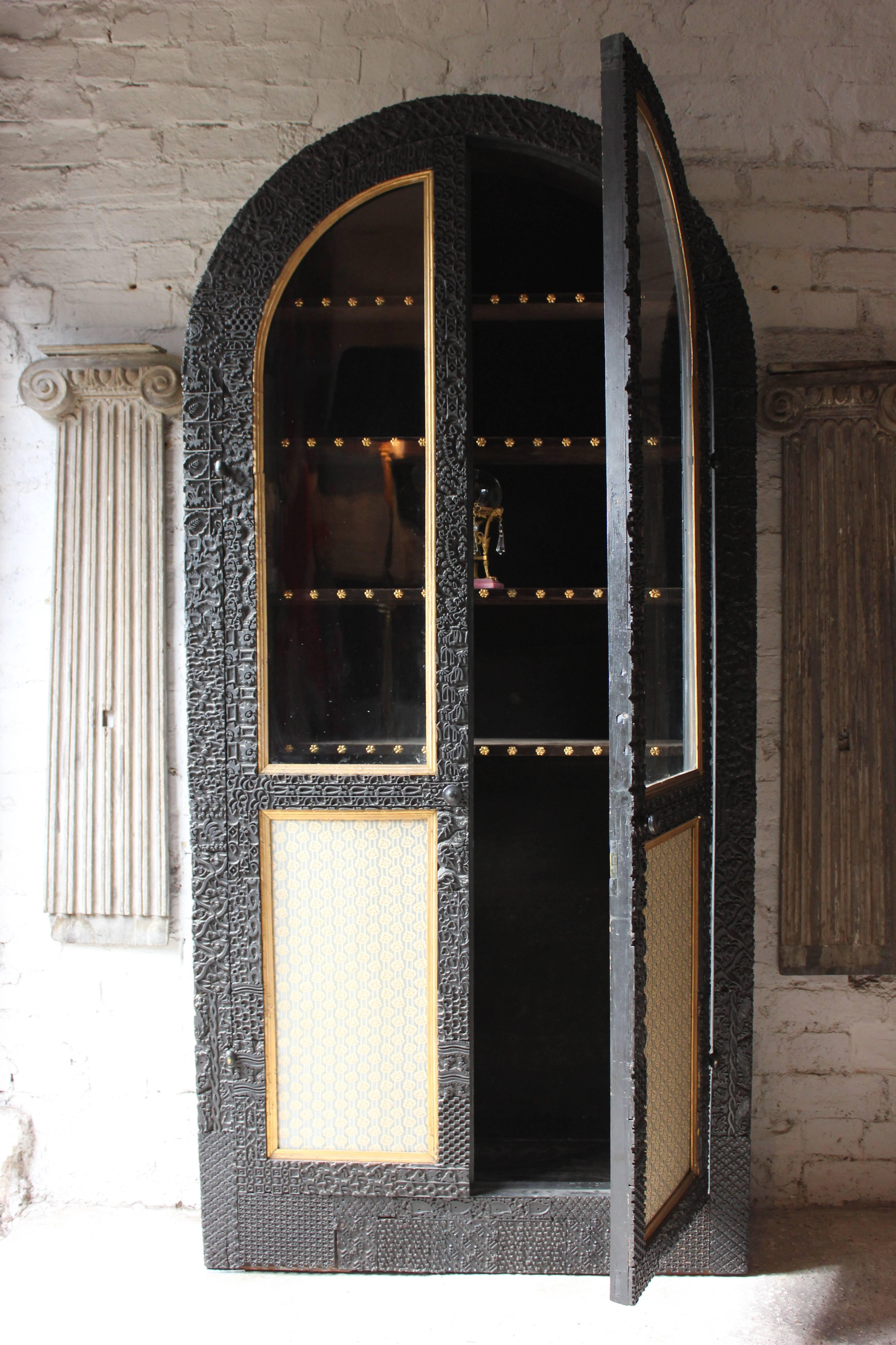 19th Century Very Unusual Victorian Arched Ebonized Glazed Printing Block Display Cabinet