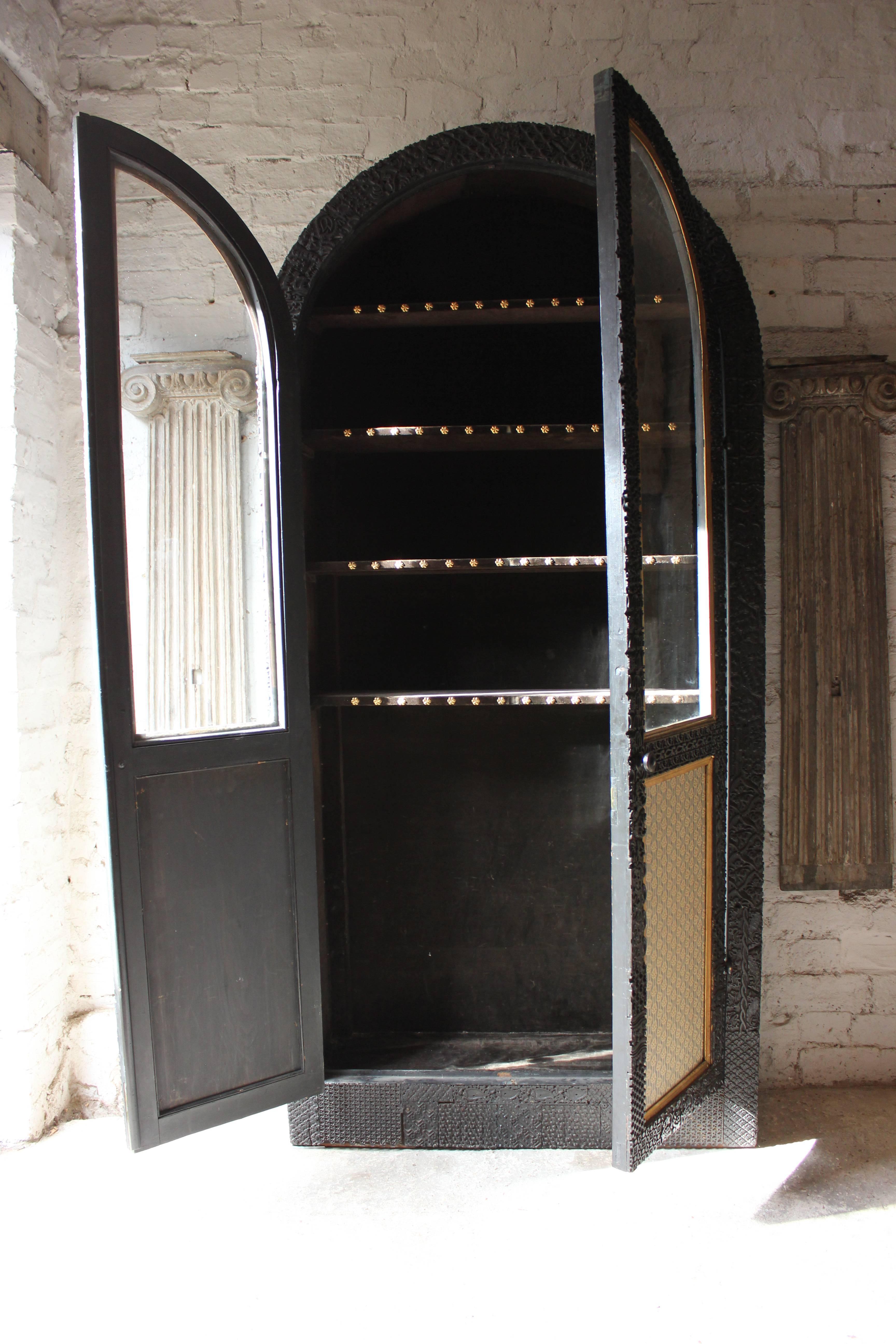 Very Unusual Victorian Arched Ebonized Glazed Printing Block Display Cabinet 1