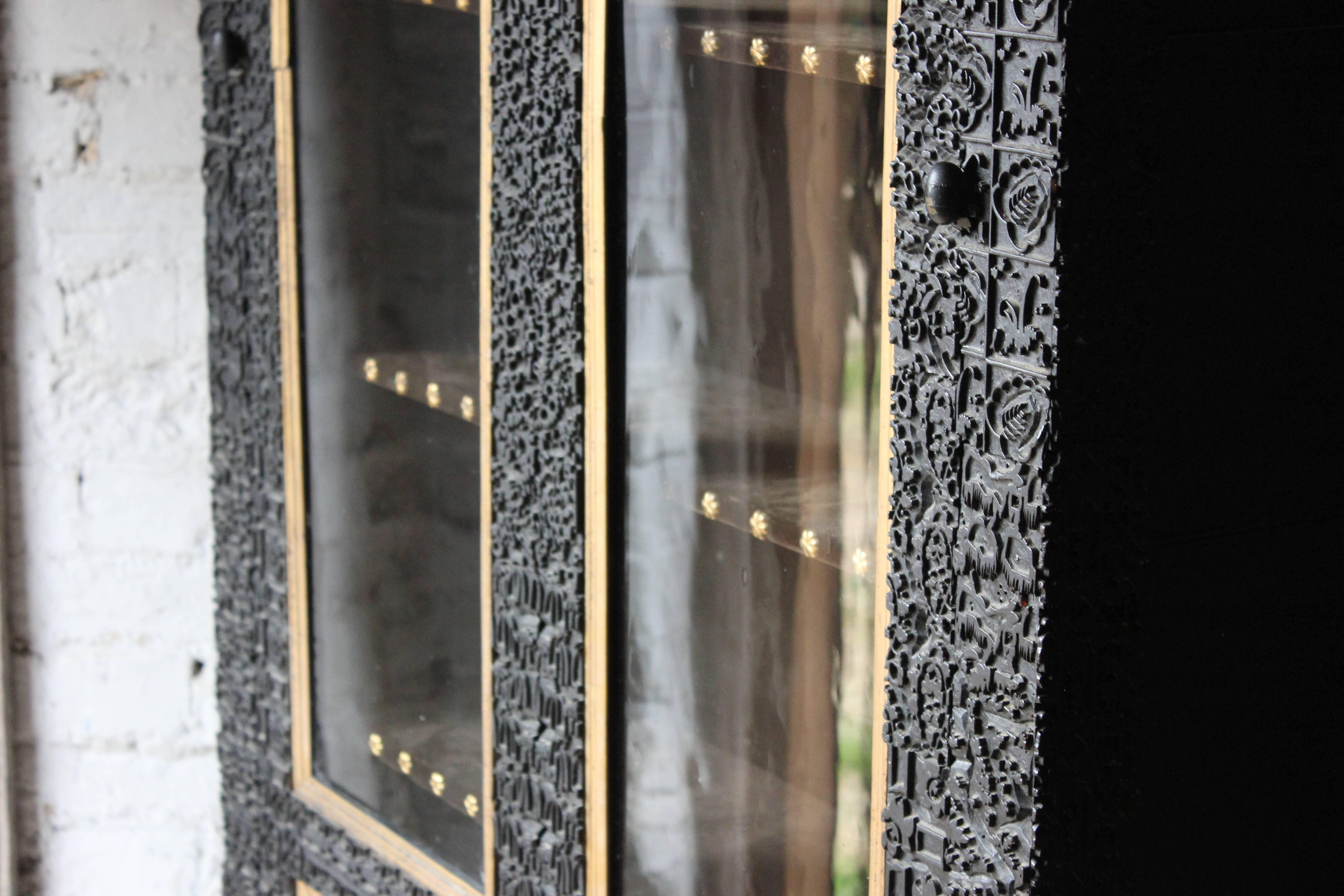 Cut Glass Very Unusual Victorian Arched Ebonized Glazed Printing Block Display Cabinet