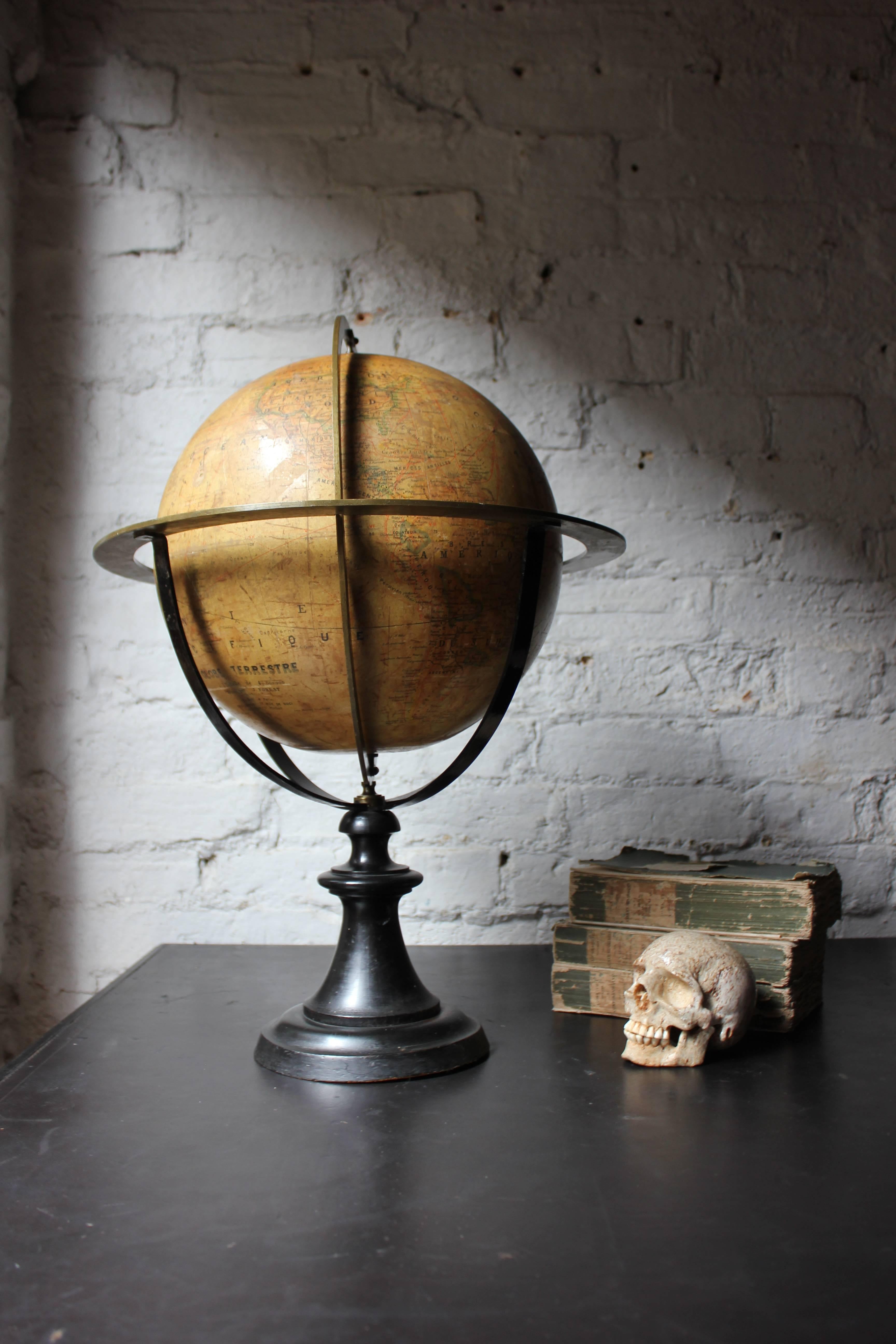 High Victorian Good circa 1885 French Terrestrial Table Globe; “Globe Terrestre” J Forest Paris