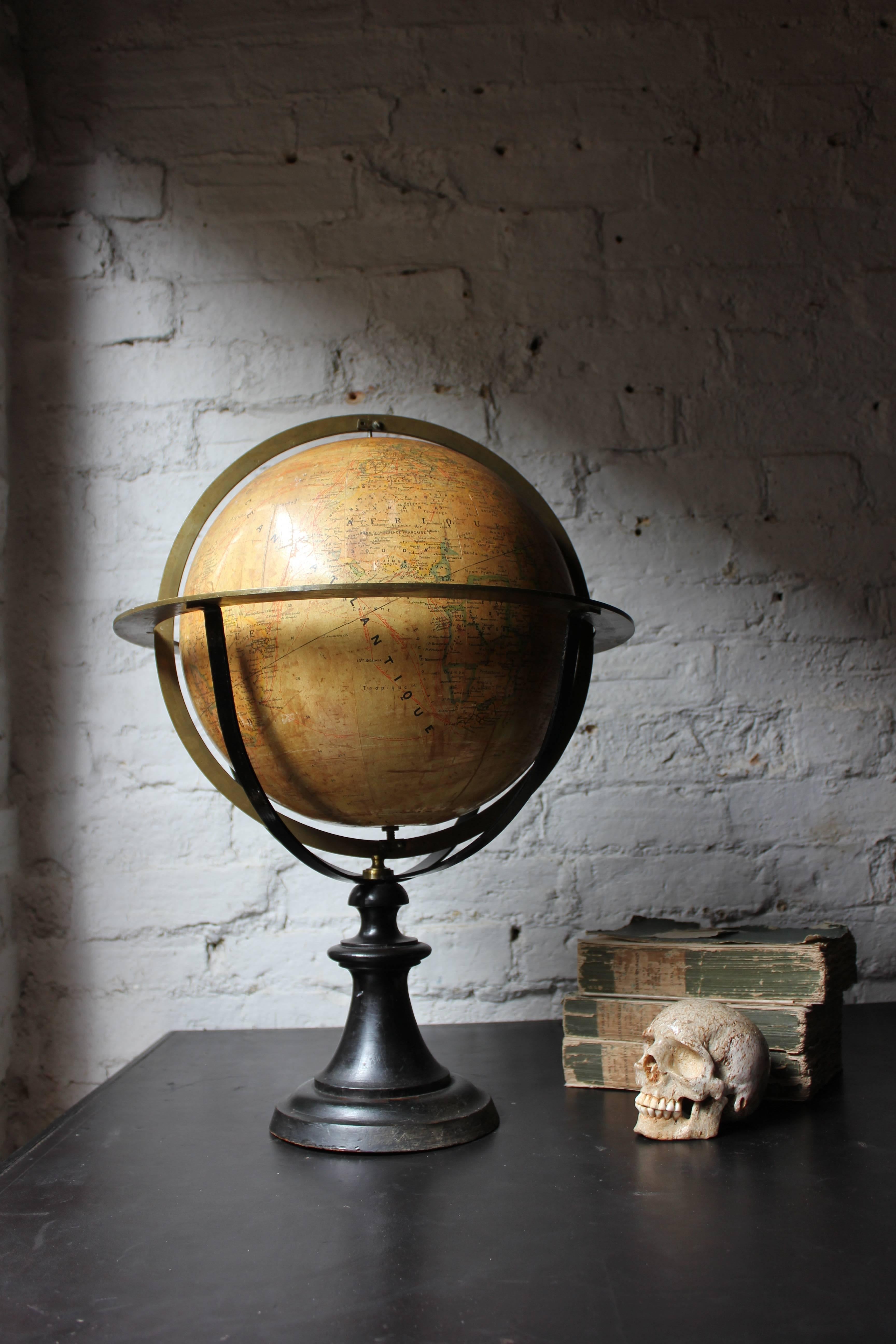 Brass Good circa 1885 French Terrestrial Table Globe; “Globe Terrestre” J Forest Paris