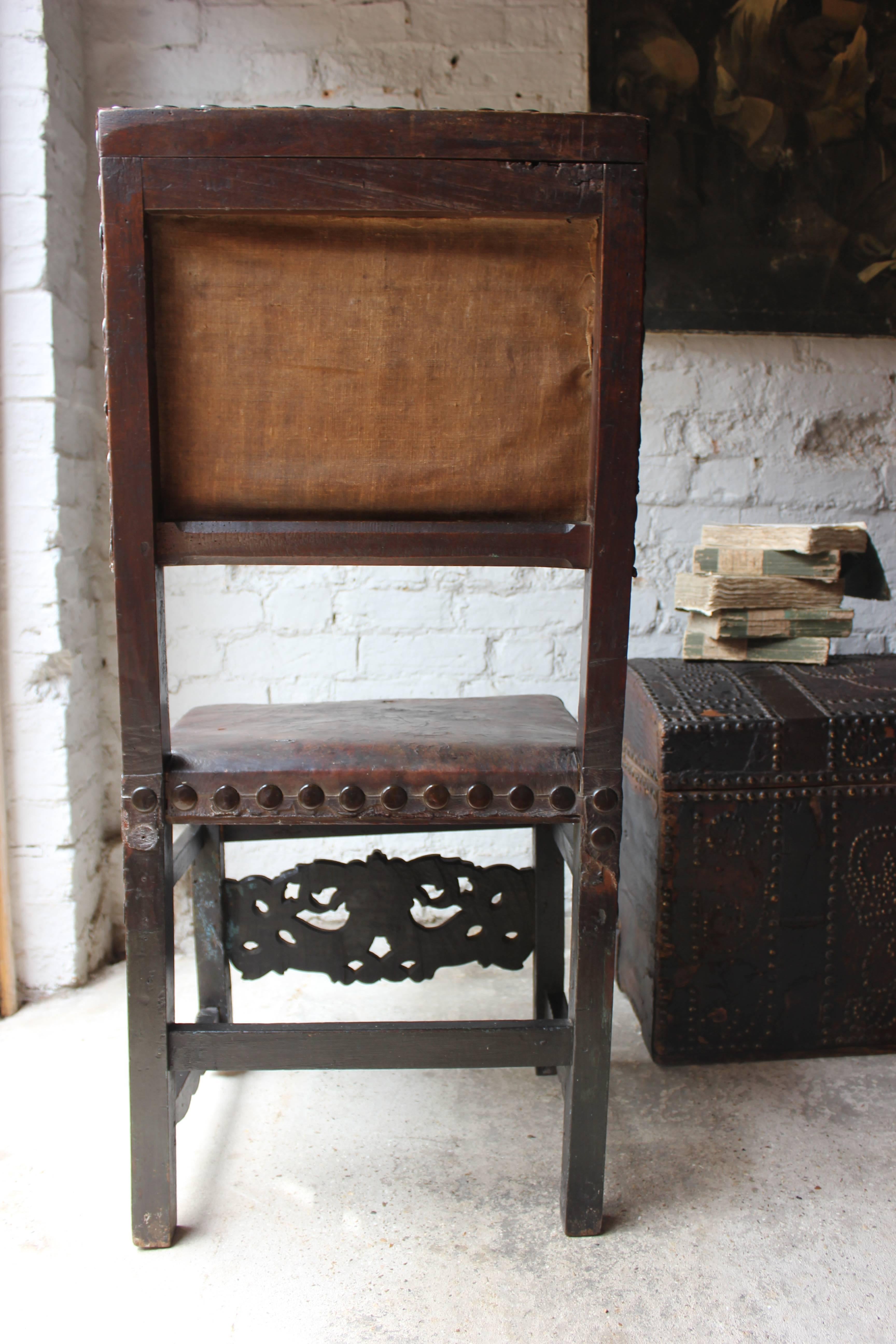 Leather Decorative 17th Century Spanish Walnut Baroque Period Side Chair