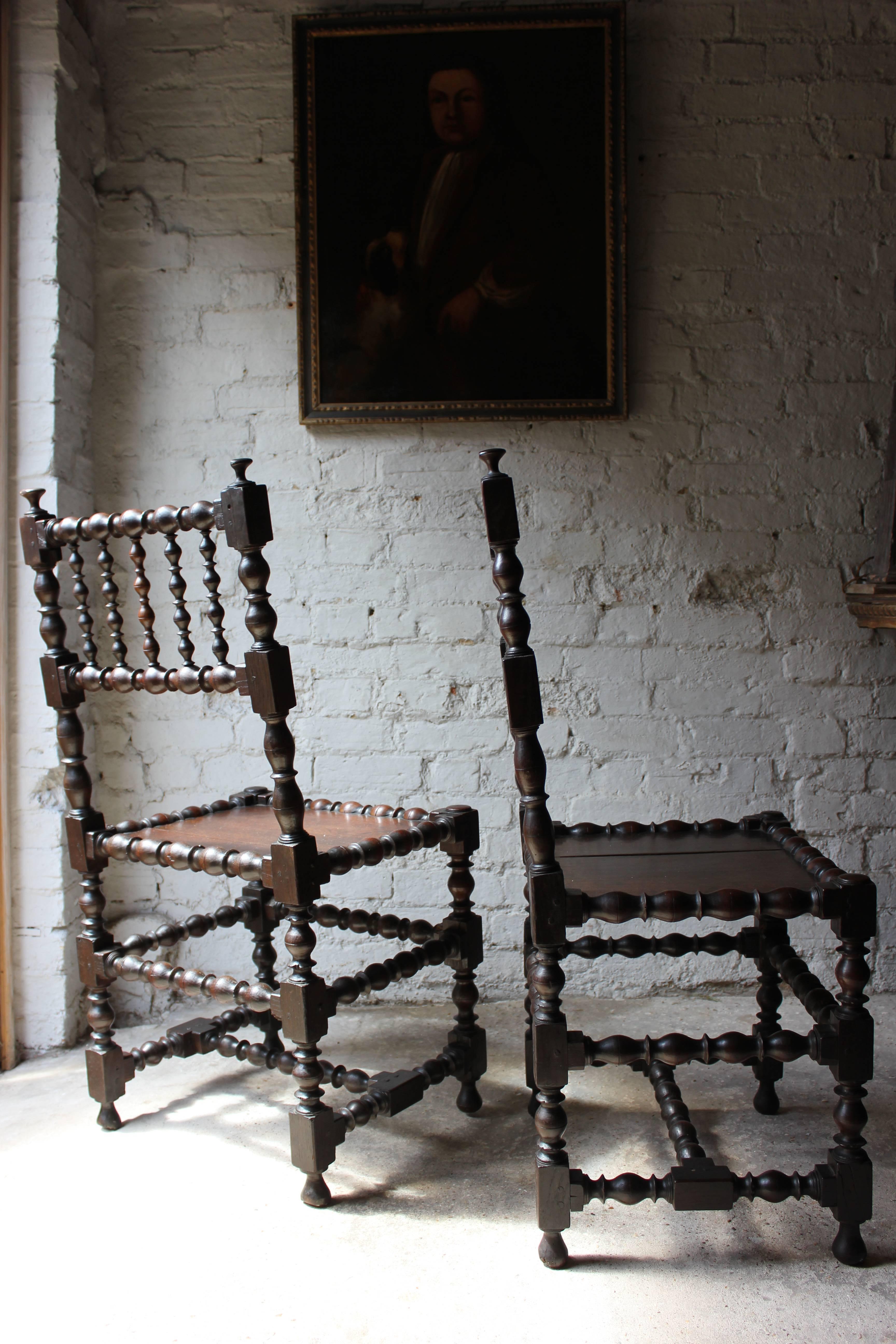 Turned Very Good Pair of Charles II Oak Spindle Back Chairs, circa 1680