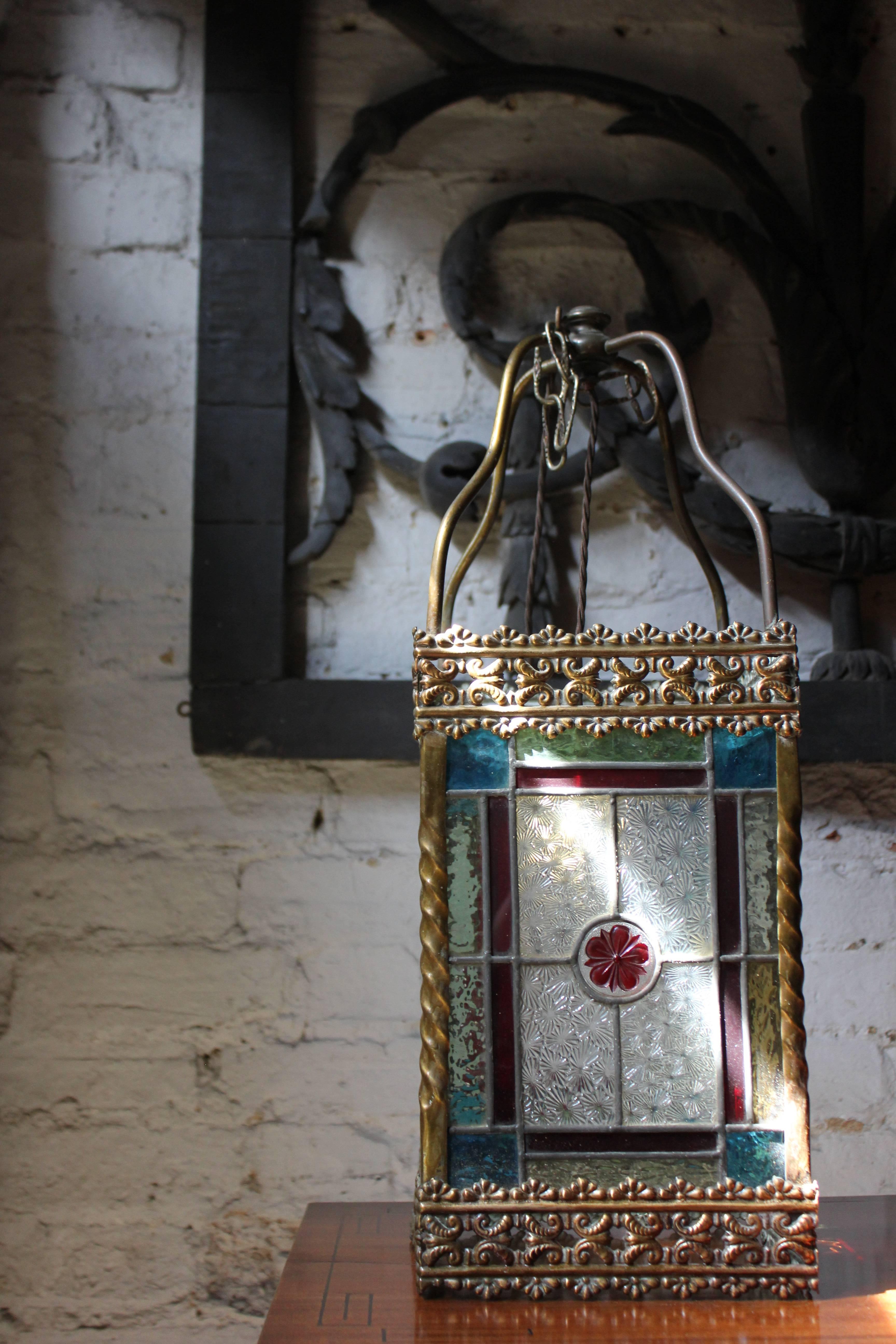 Attractive Late Victorian Brass and Stained Glass Hall Lantern, circa 1890 3