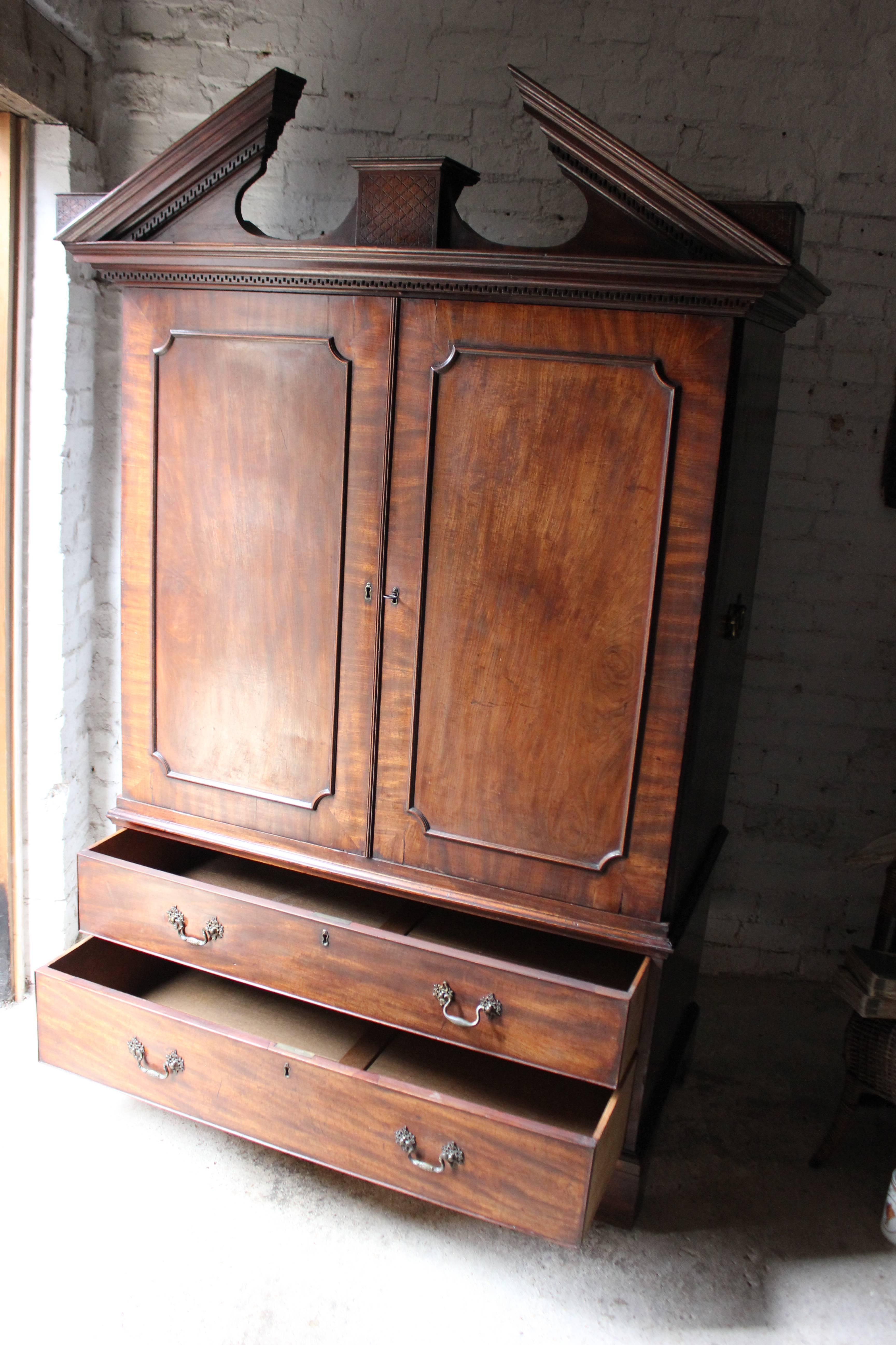 English Handsome Architectural George III Mahogany Linen Press Adapted to a Wardrobe