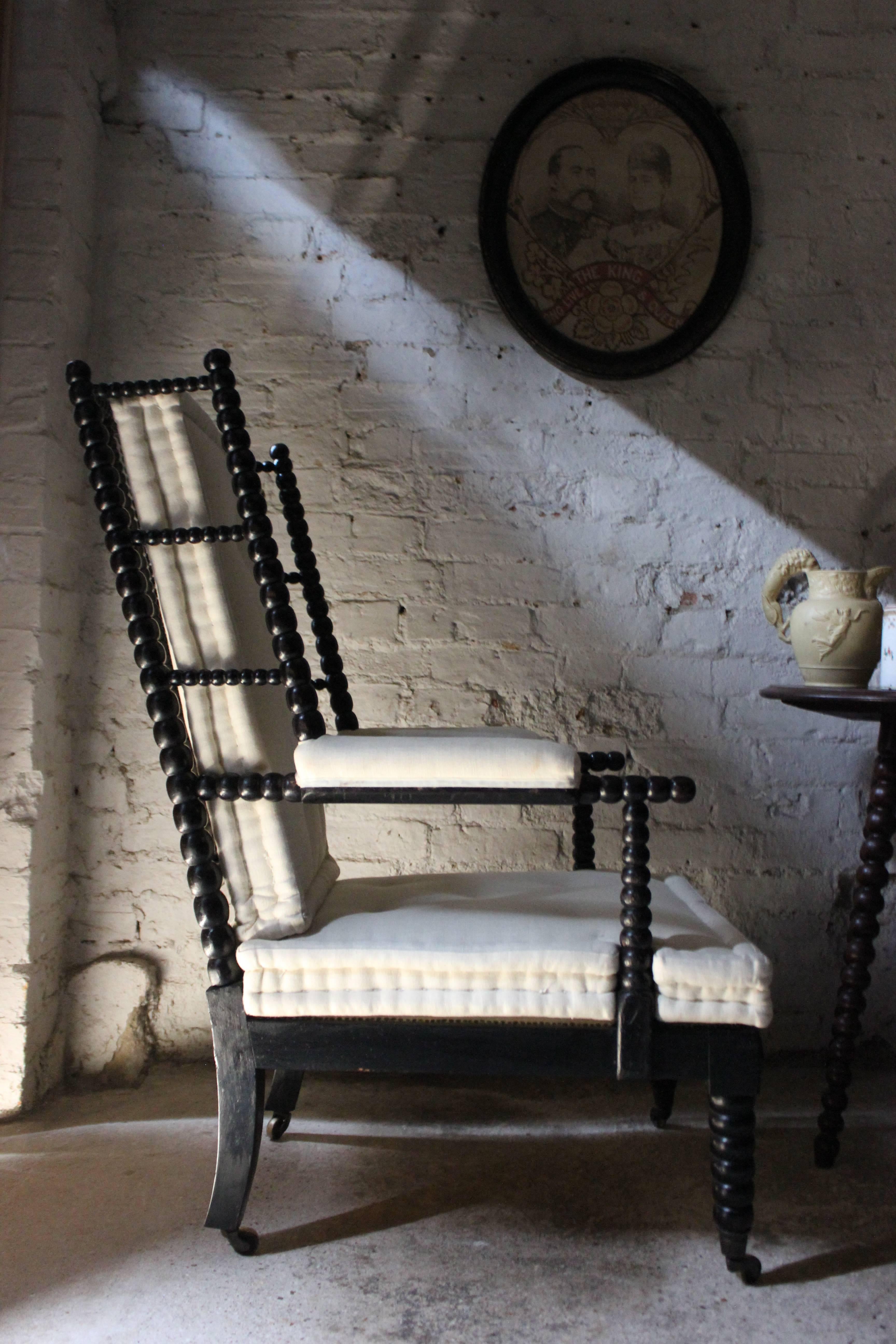 Sublime William IV Period Ebonized and Bobbin Turned Library Wing Armchair 1