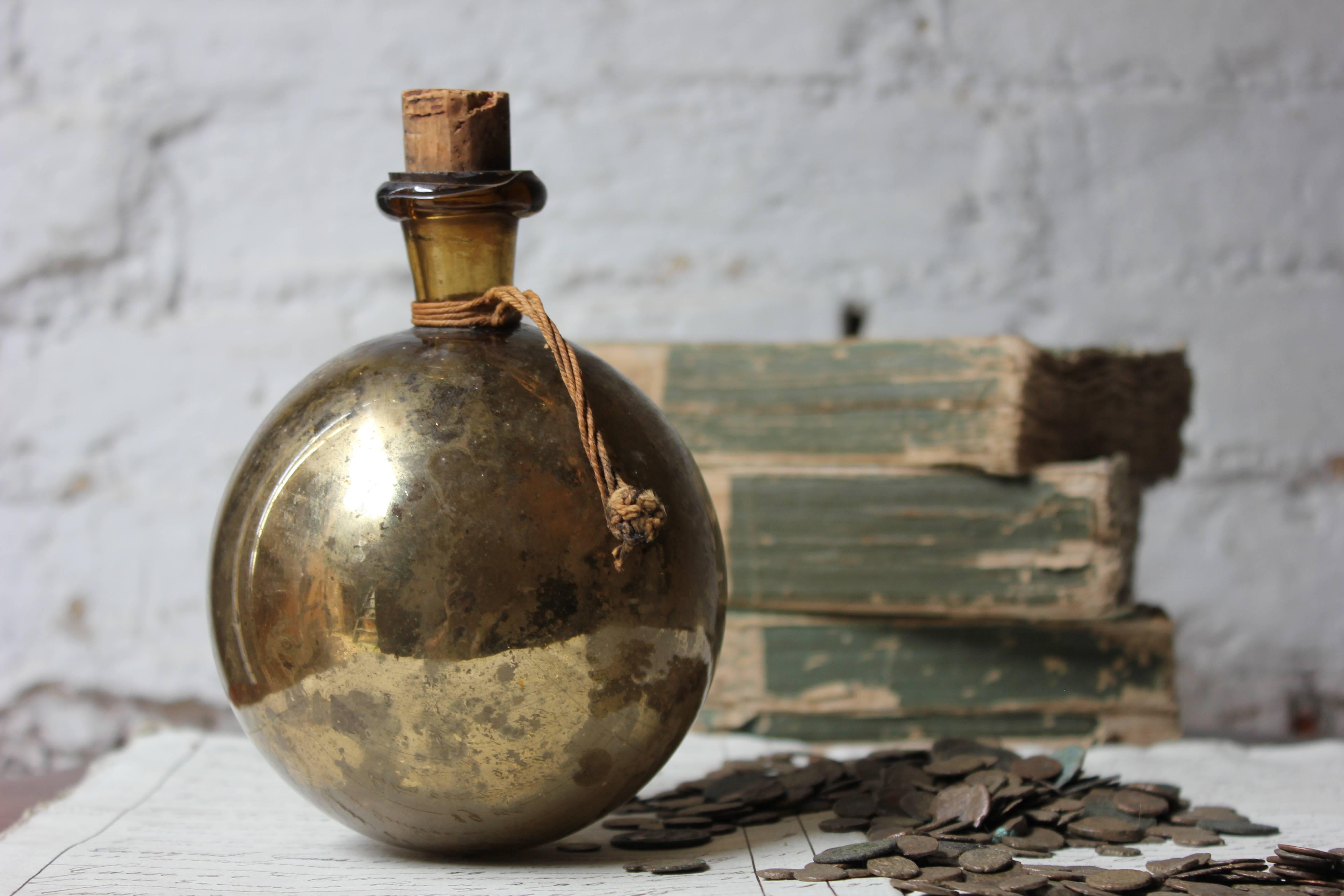 Early Victorian Early Gold Mercury Glass Witches Ball or Bottle, circa 1820-1850