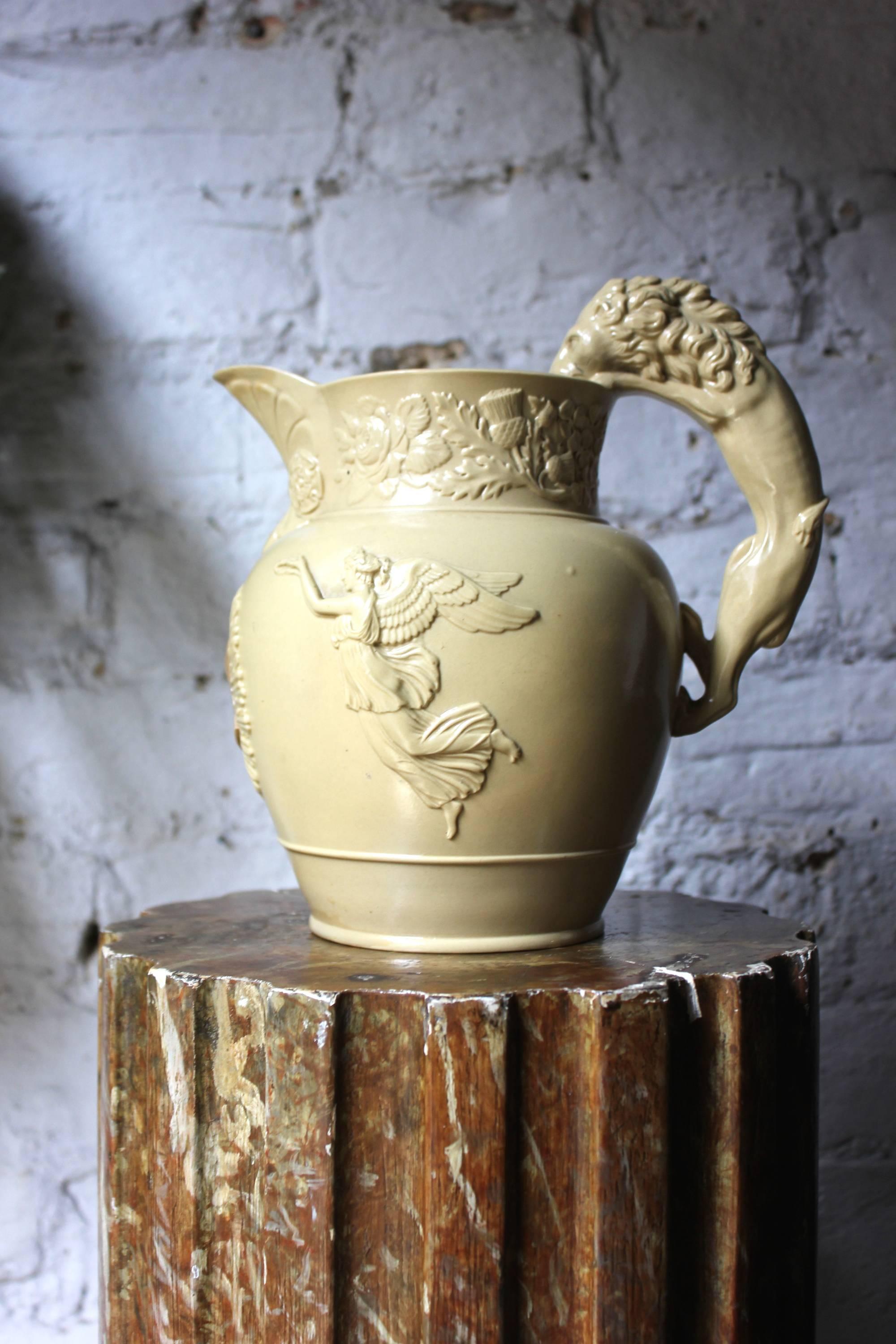 English Rare King George IV Memoriam Buff Stoneware Jug, circa 1830