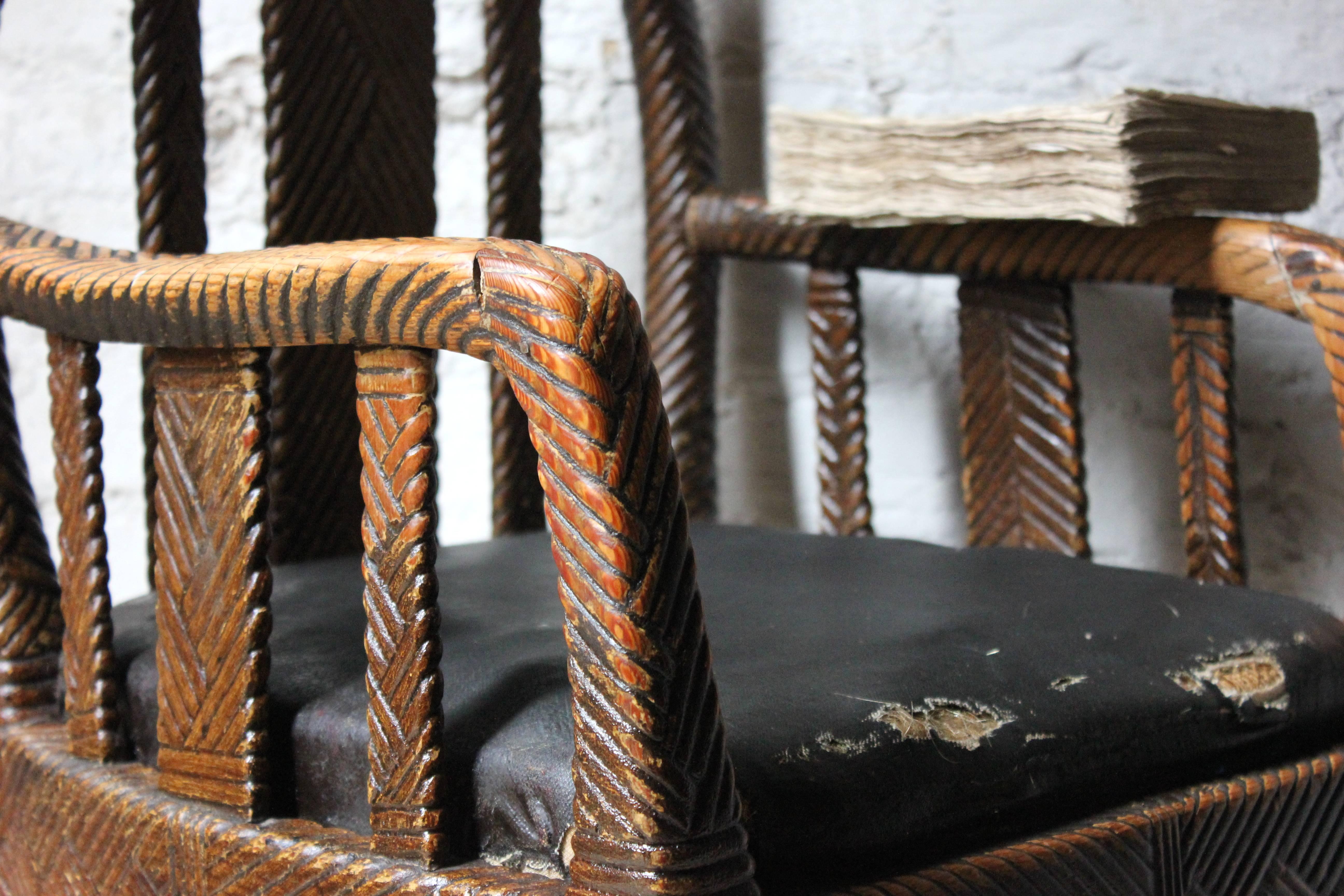 Very Unusual Faux Wicker and Rexine Upholstered Open Armchair, circa 1890 4