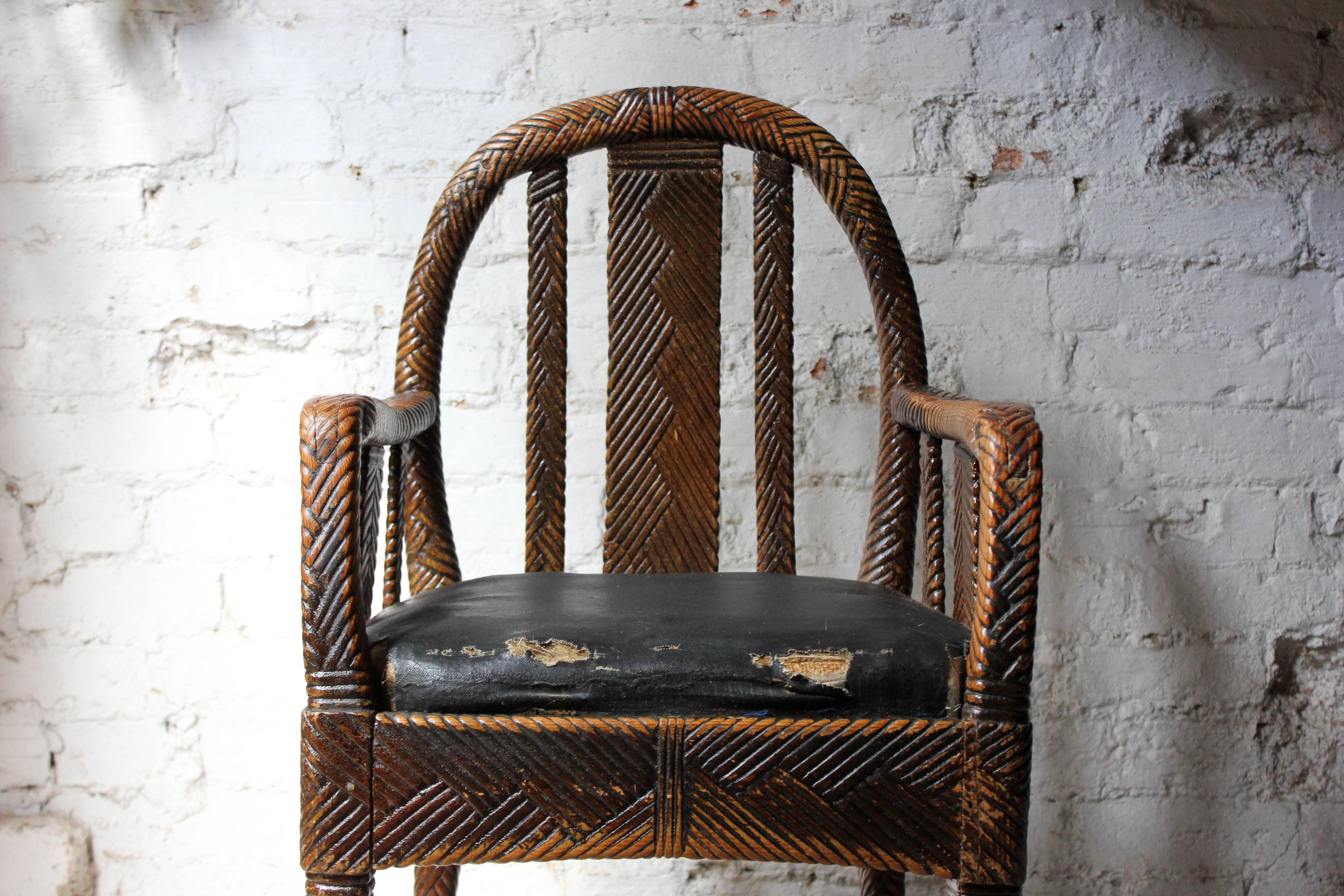 Very Unusual Faux Wicker and Rexine Upholstered Open Armchair, circa 1890 1