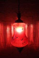 Pretty Naturalistic Late Victorian Brass & Cranberry Glass Lantern, circa 1890