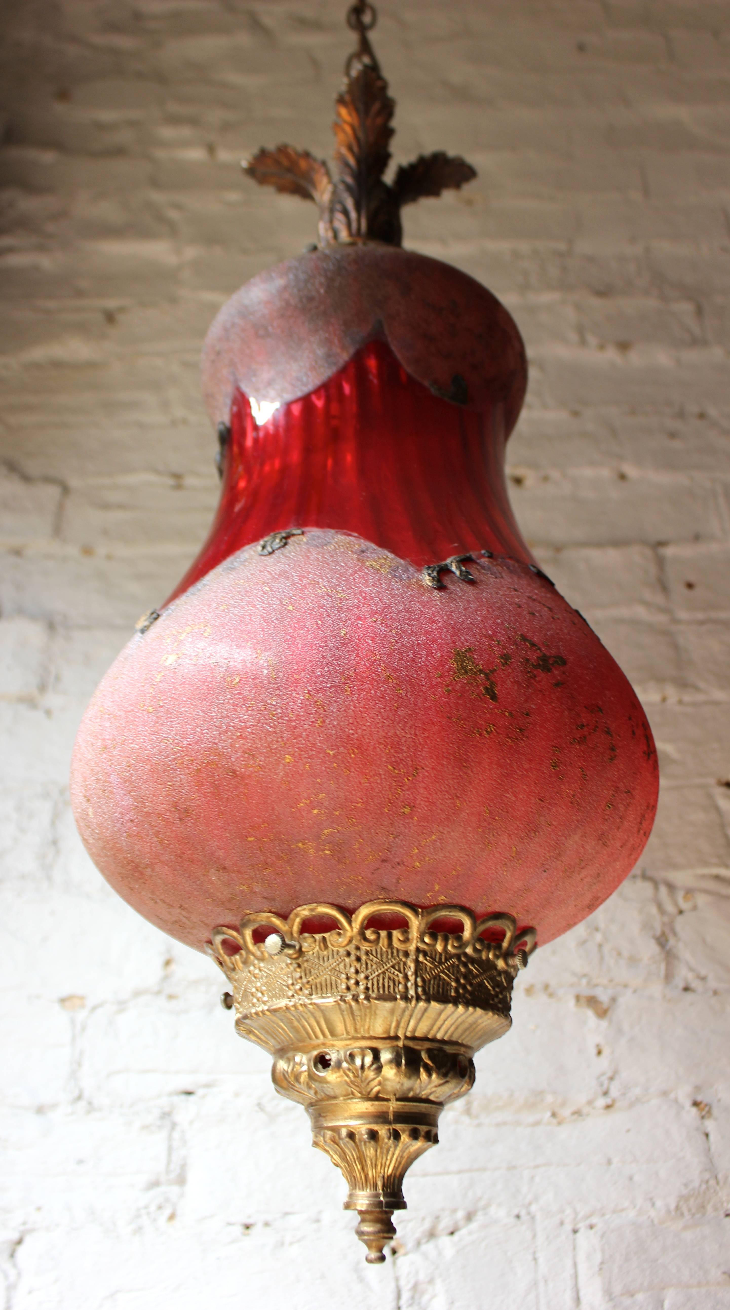 High Victorian Pretty Naturalistic Late Victorian Brass & Cranberry Glass Lantern, circa 1890