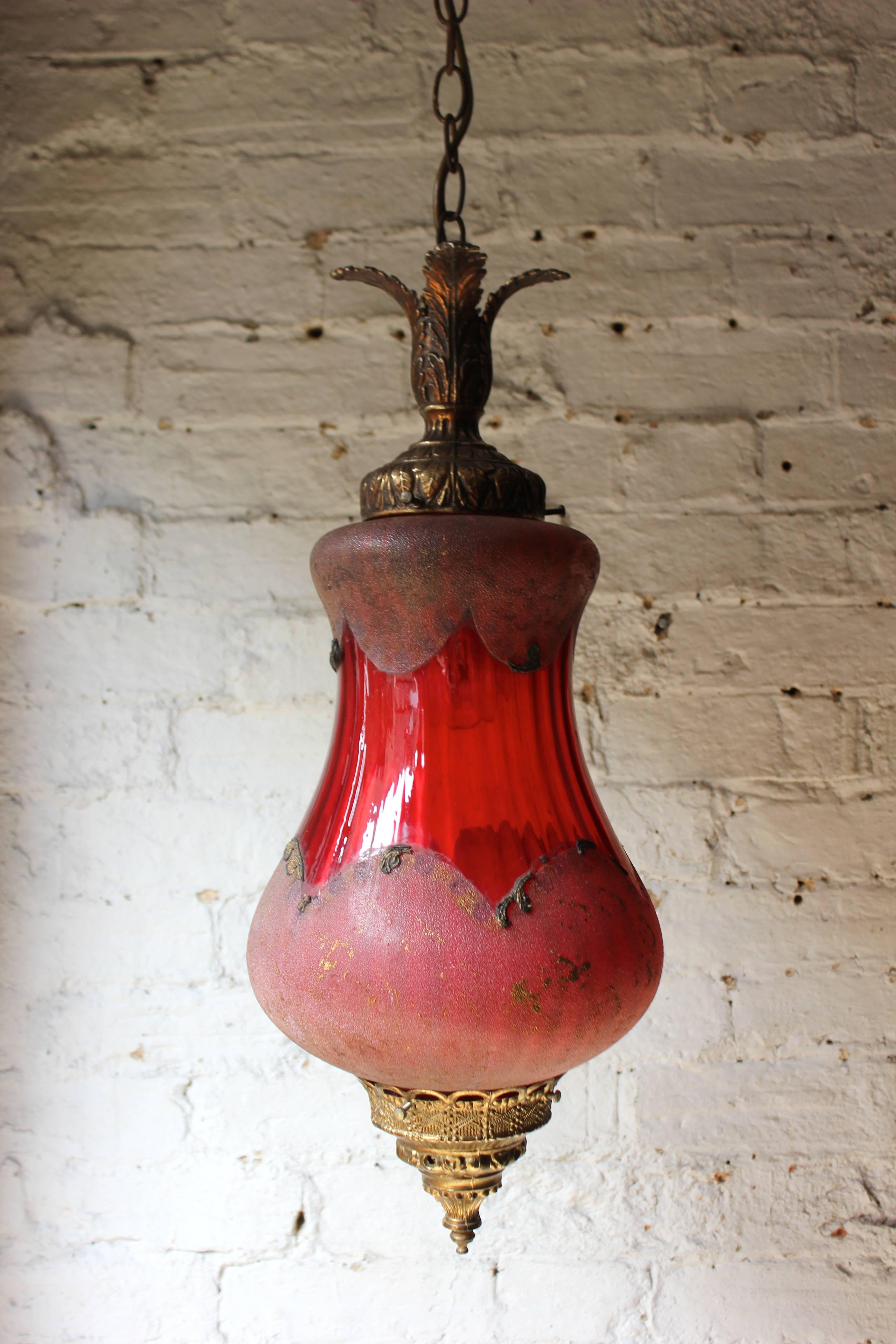 English Pretty Naturalistic Late Victorian Brass & Cranberry Glass Lantern, circa 1890