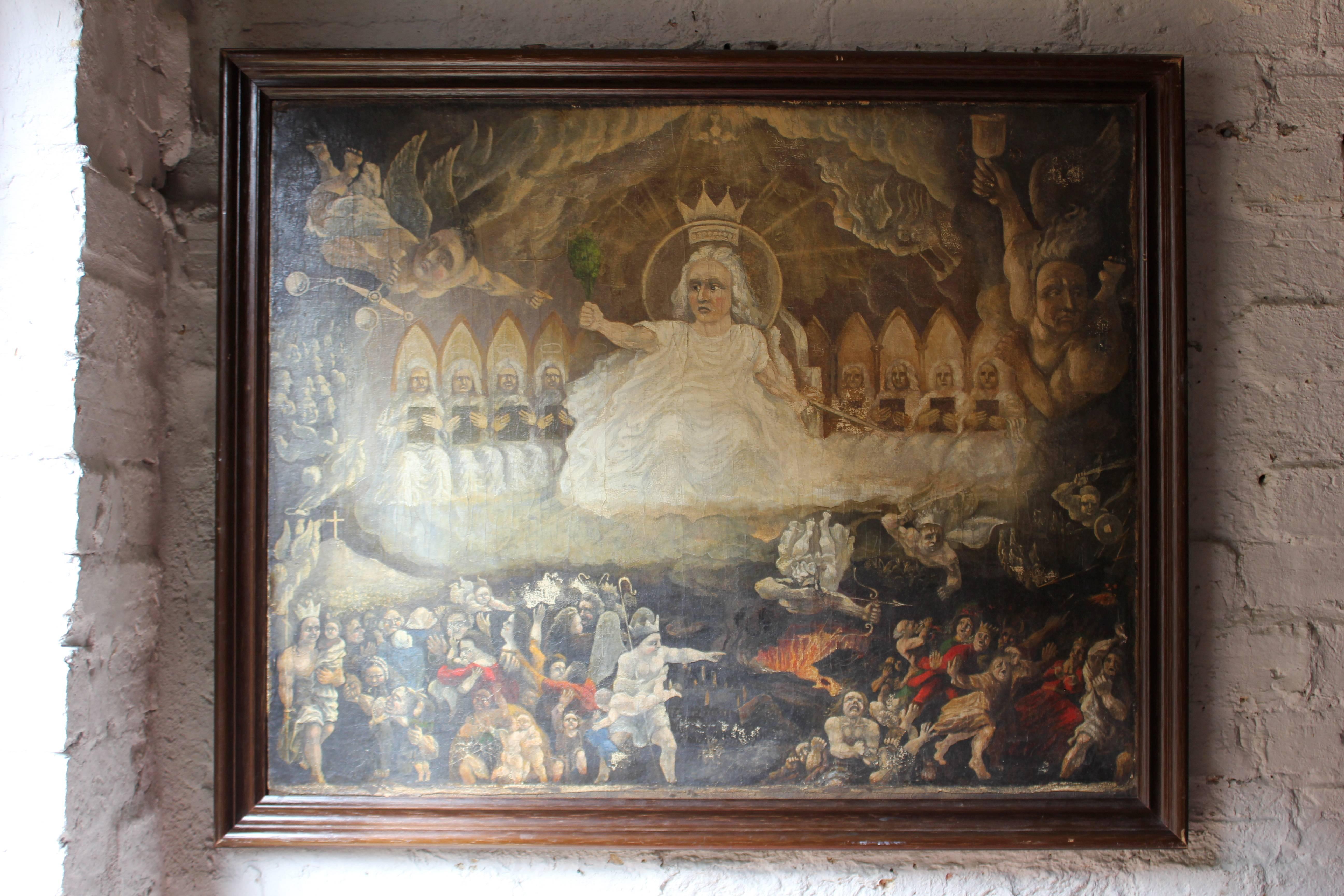The wonderfully depicted scene of the last judgement painted in oil on canvas, showing Christ on the Throne of Judgment with Heaven and Hell to each flank, the body of work busy with figures, iconography and symbolism, presented in a 20th century