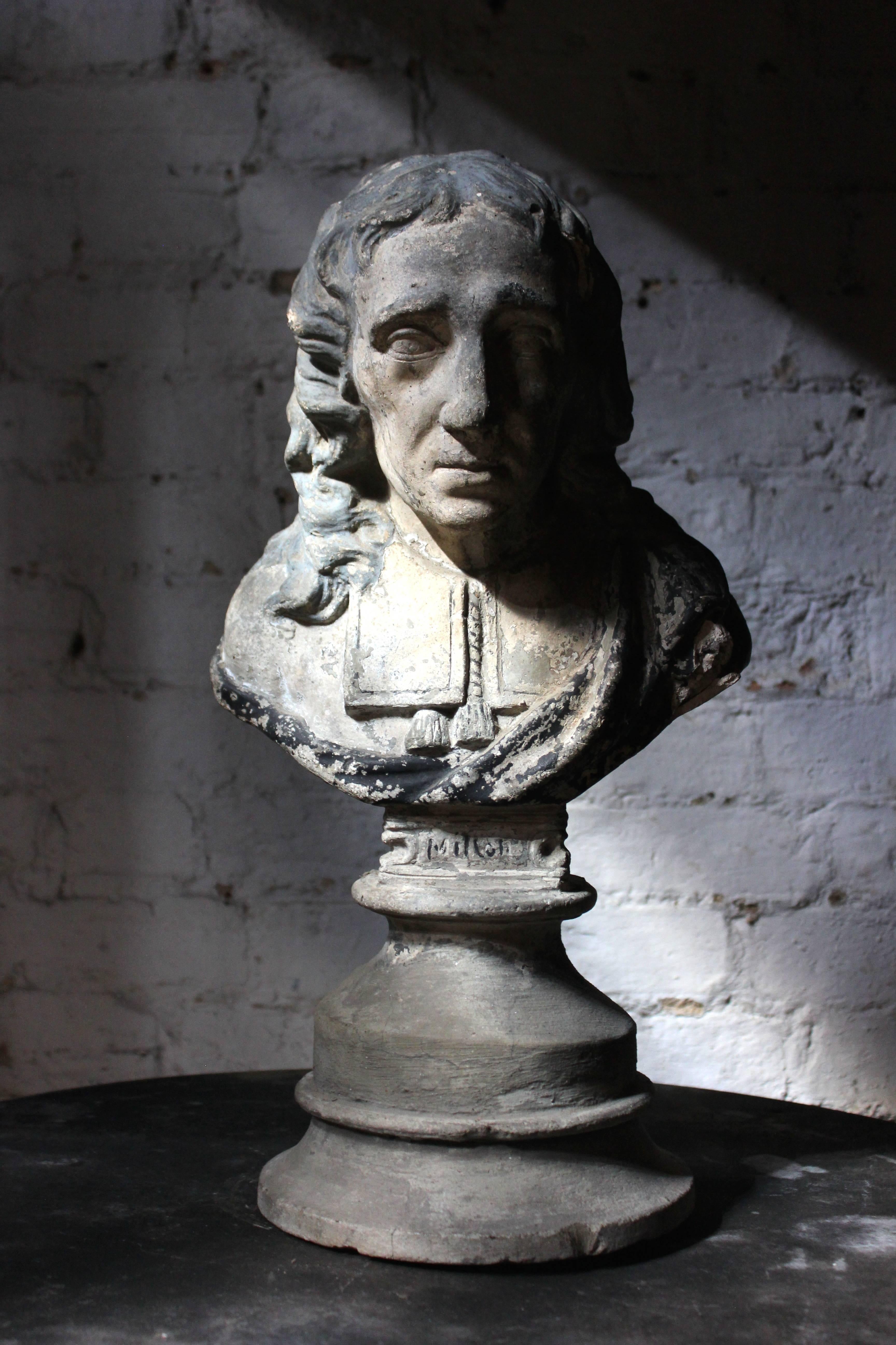 English Decorative Late Victorian Painted Plaster Portrait Library Bust of John Milton