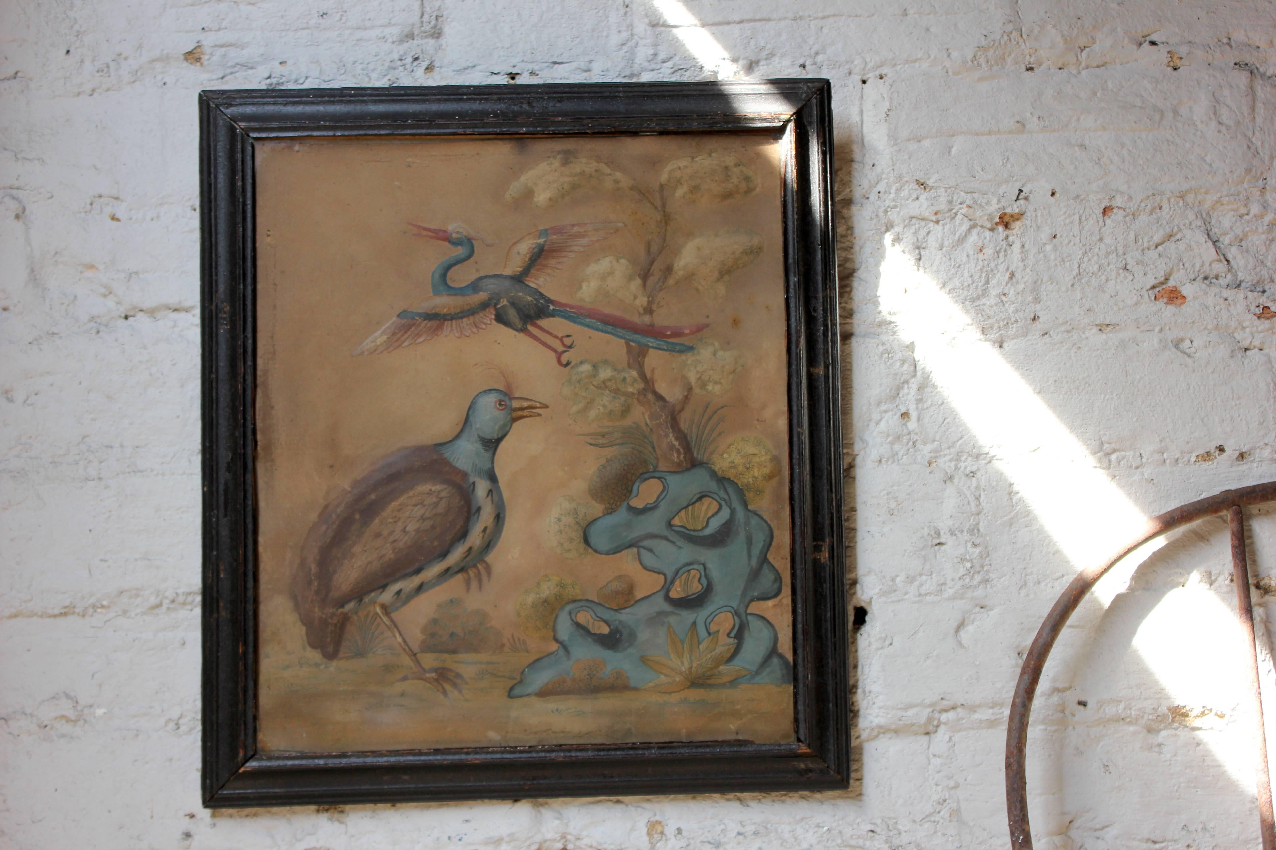 Painted within the circle of Samuel Dixon (fl.1748-1769) embossed ‘basso relievo’ in watercolours on papier mâché, depicting parrots, partridge, heron and other exotic birds amidst flora, fauna and butterflies, each glazed and framed in the