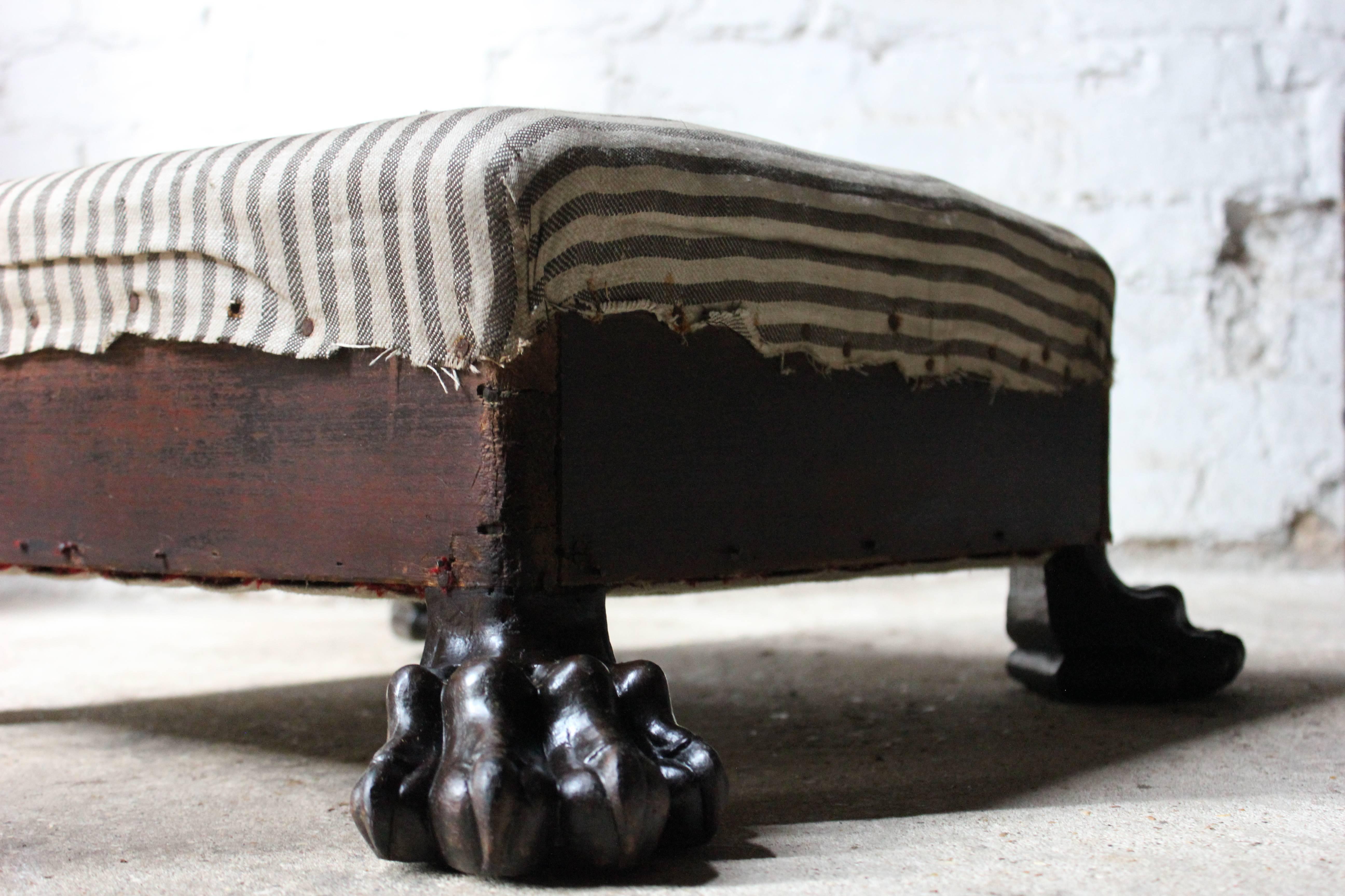 English Magnificent Regency Period Mahogany Lions Paw Footed & Ticking Upholstered Stool