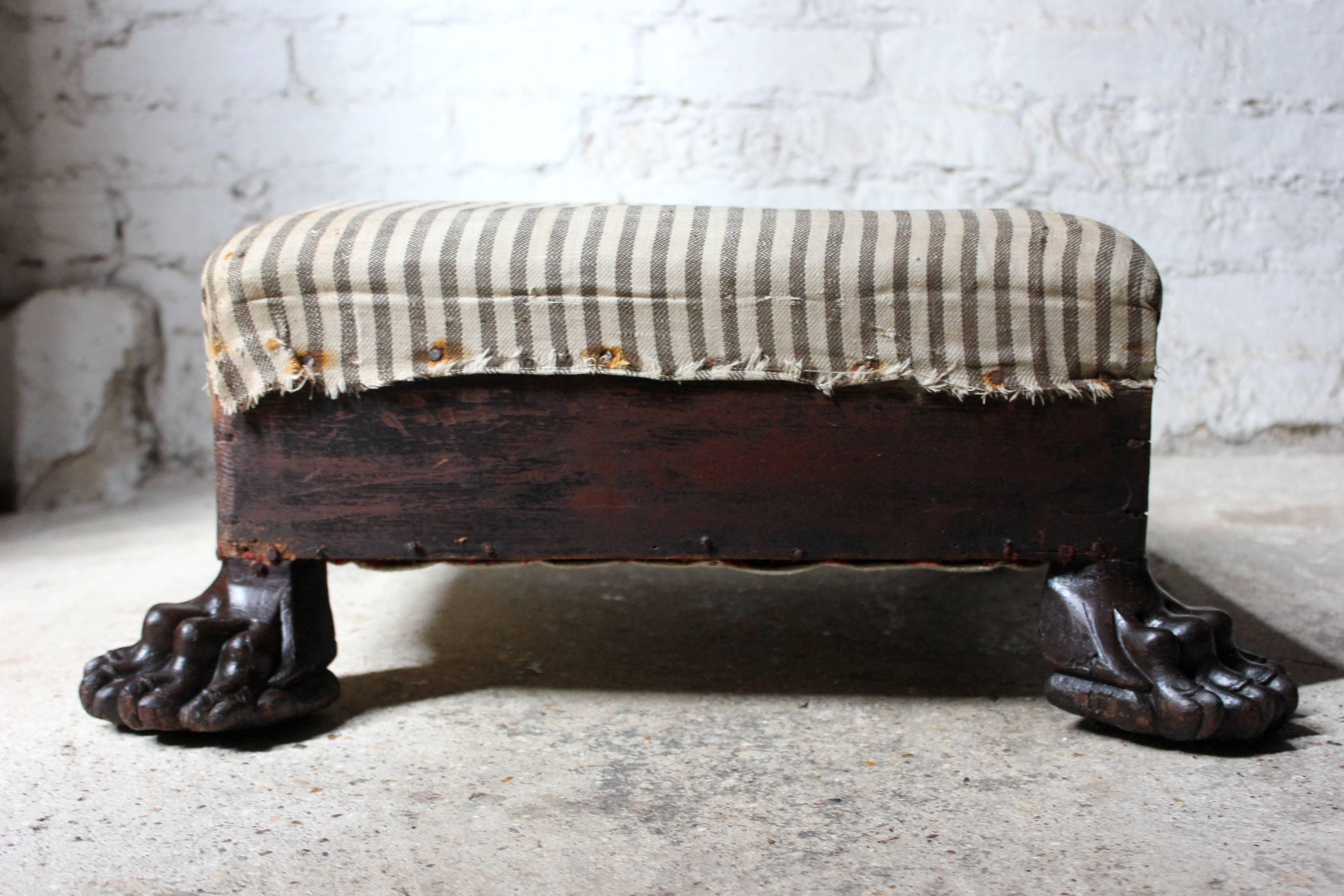 Magnificent Regency Period Mahogany Lions Paw Footed & Ticking Upholstered Stool 3