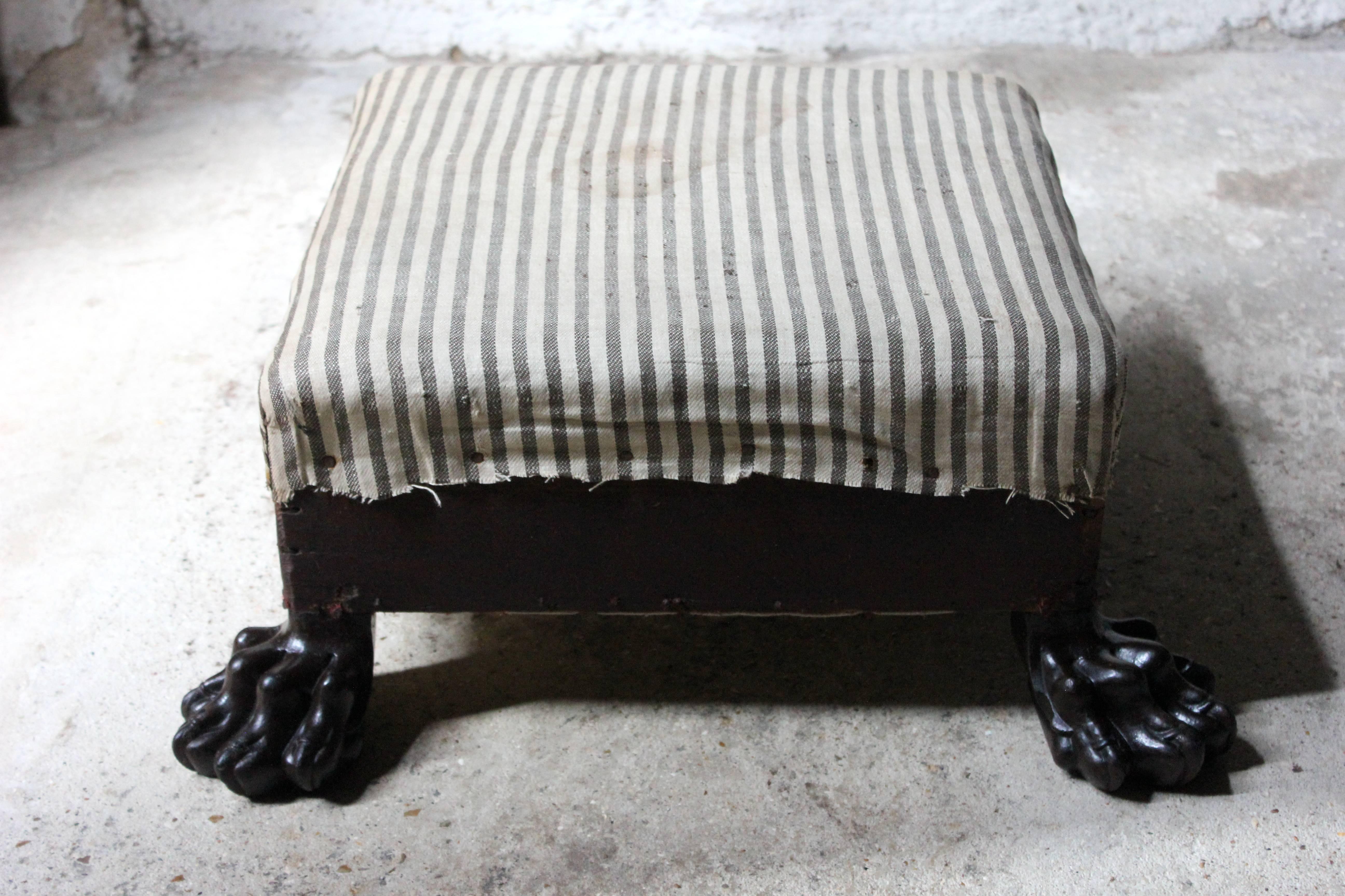 Magnificent Regency Period Mahogany Lions Paw Footed & Ticking Upholstered Stool 4