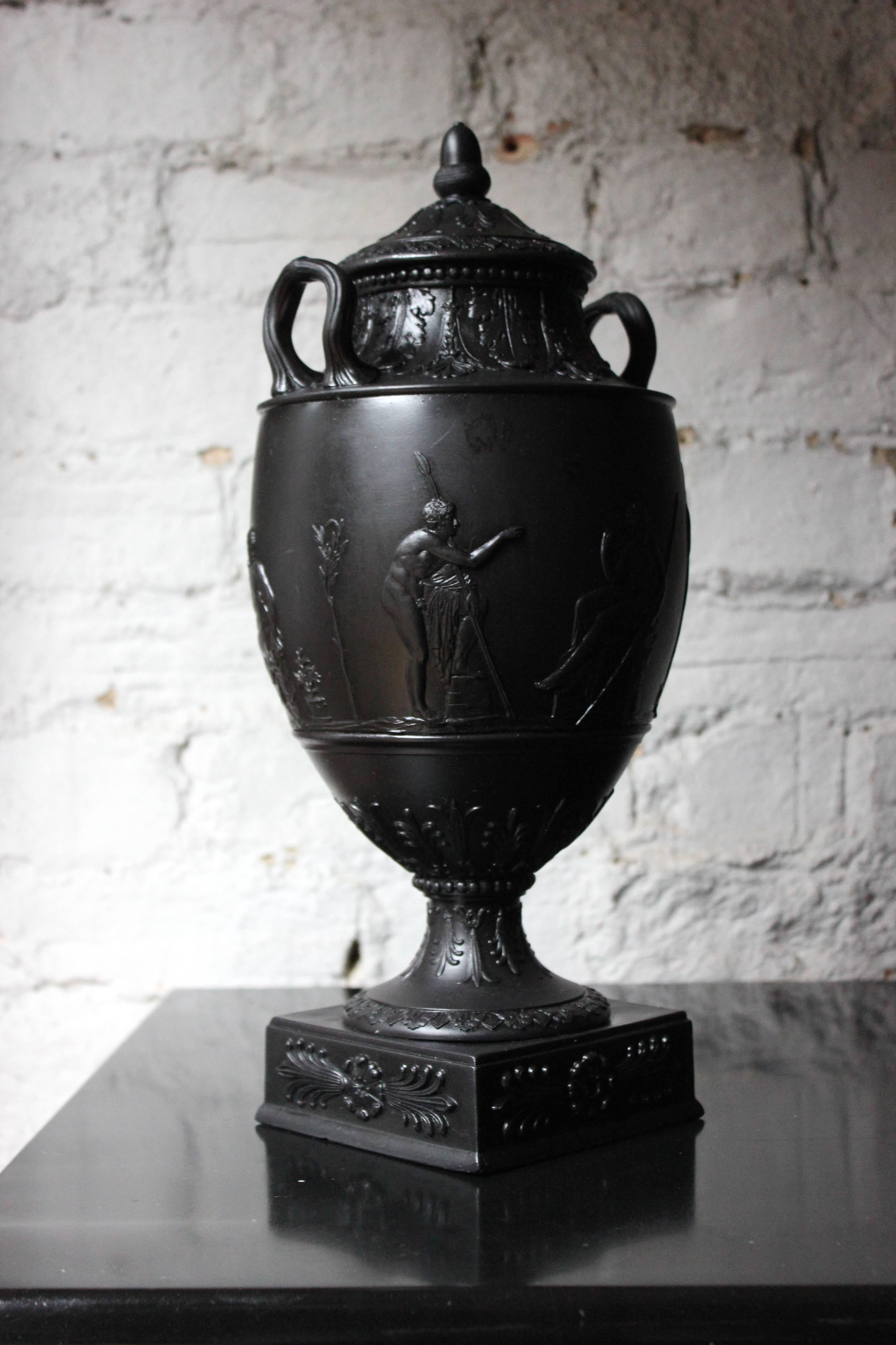 Late 19th Century Attractive 19th Century Wedgwood Black Basalt Twin-Handled Vase and Cover