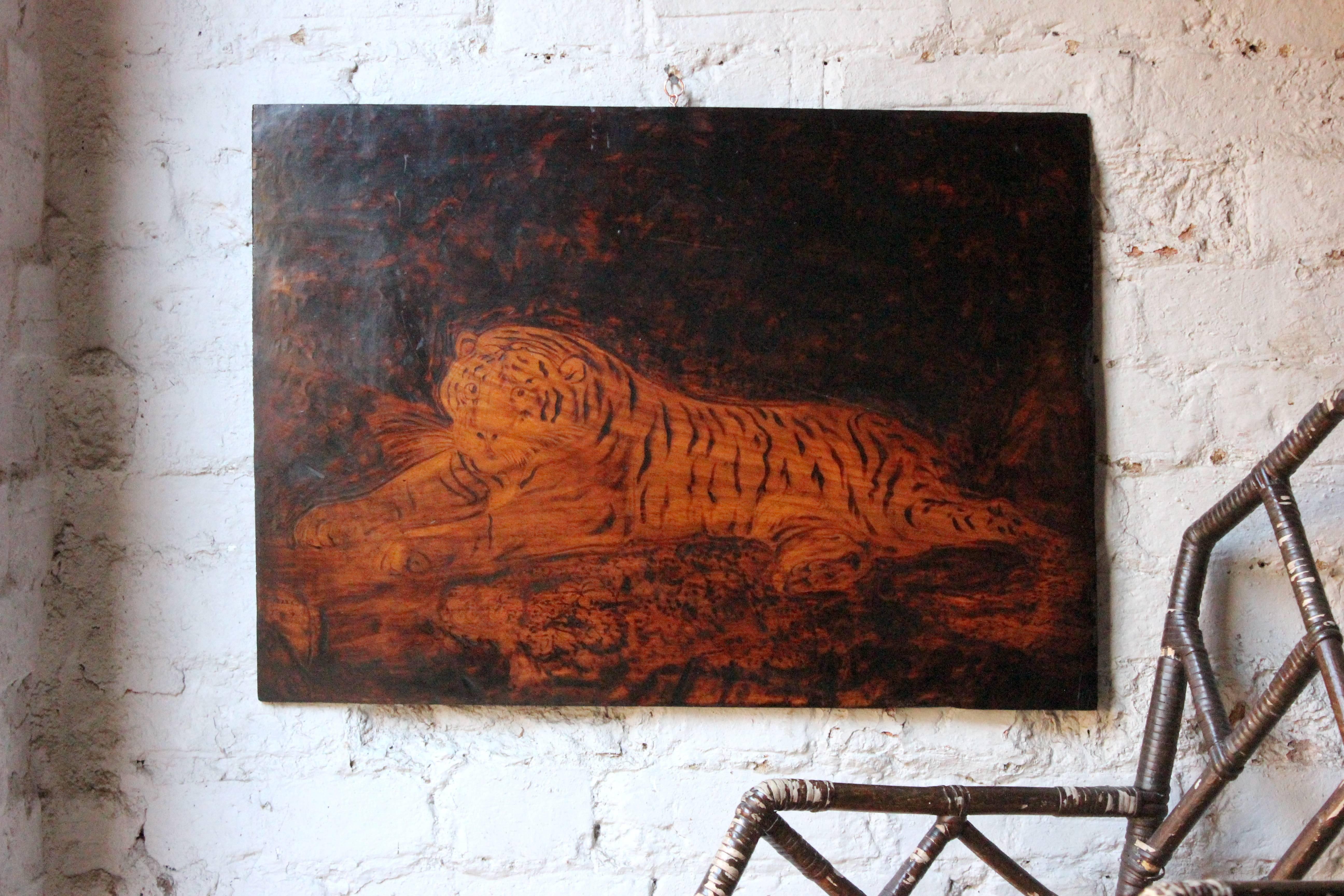 English Regency Pyrography Panel of a Tiger by Joseph Smith after George Stubbs
