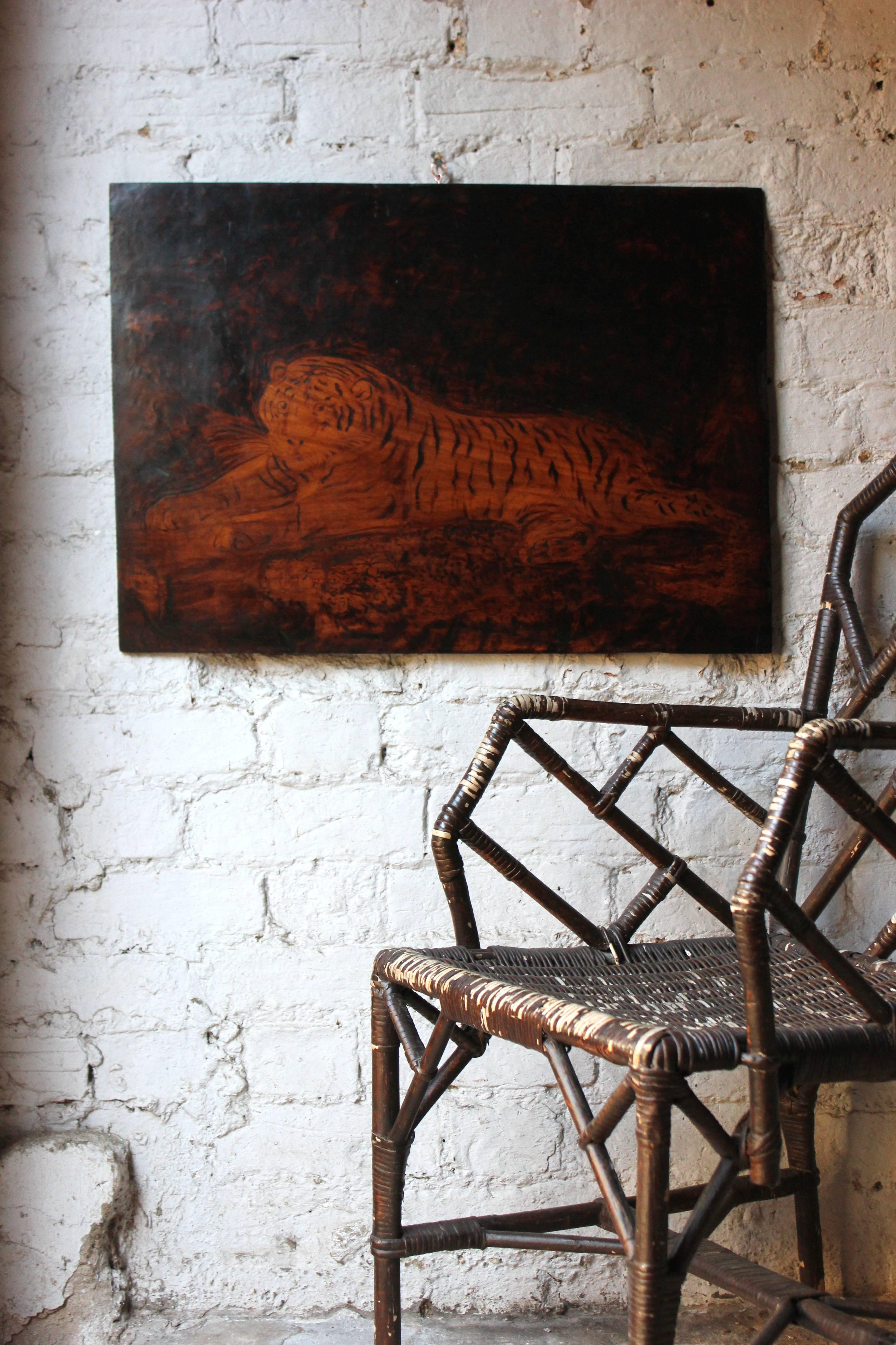 Regency Pyrography Panel of a Tiger by Joseph Smith after George Stubbs In Fair Condition In Bedford, Bedfordshire