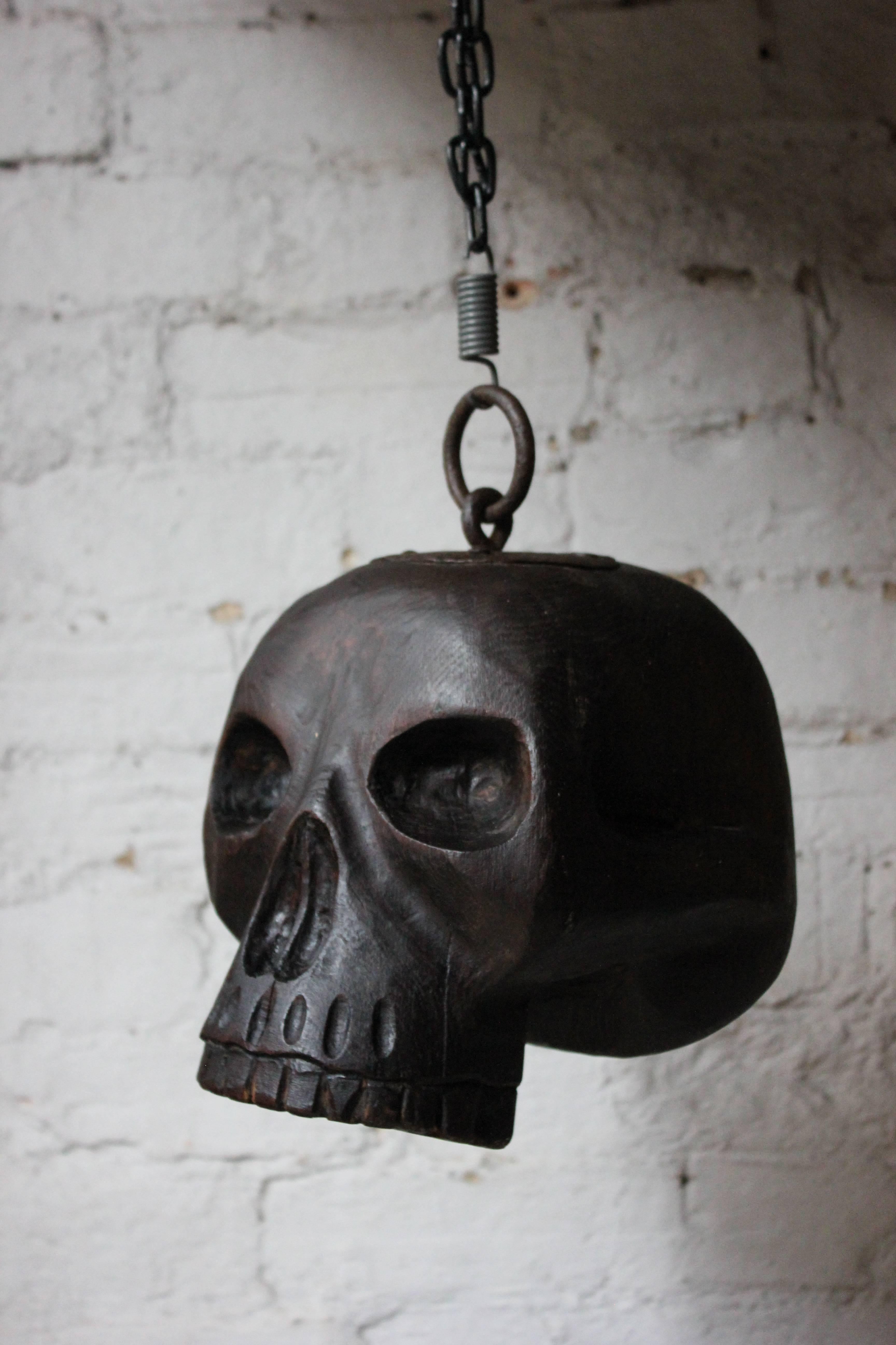 English 18th Century Oak and Iron Mounted Memento Mori Doorstop Carved as a Human Skull