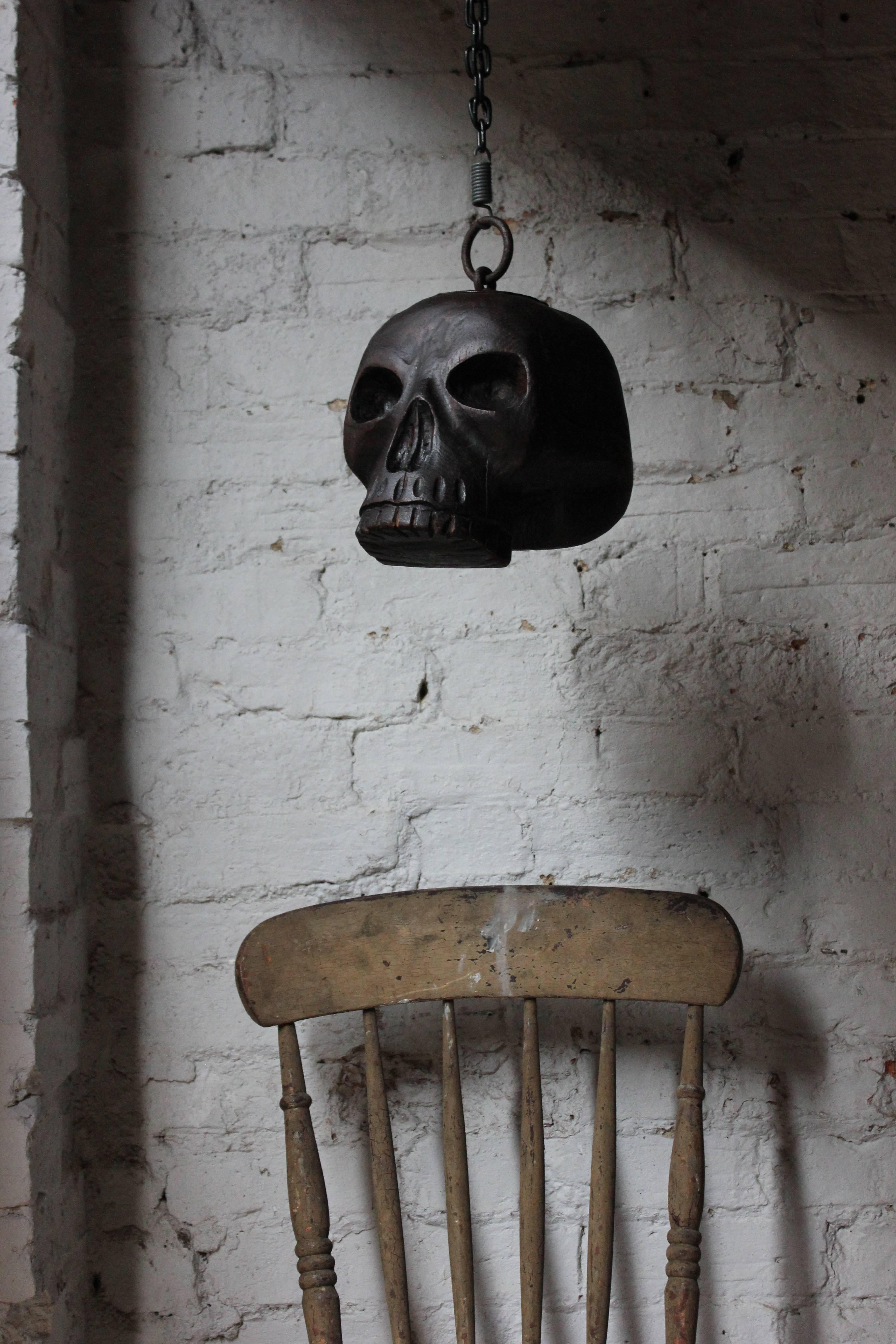 18th Century Oak and Iron Mounted Memento Mori Doorstop Carved as a Human Skull 2