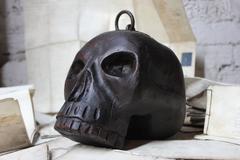 18th Century Oak and Iron Mounted Memento Mori Doorstop Carved as a Human Skull