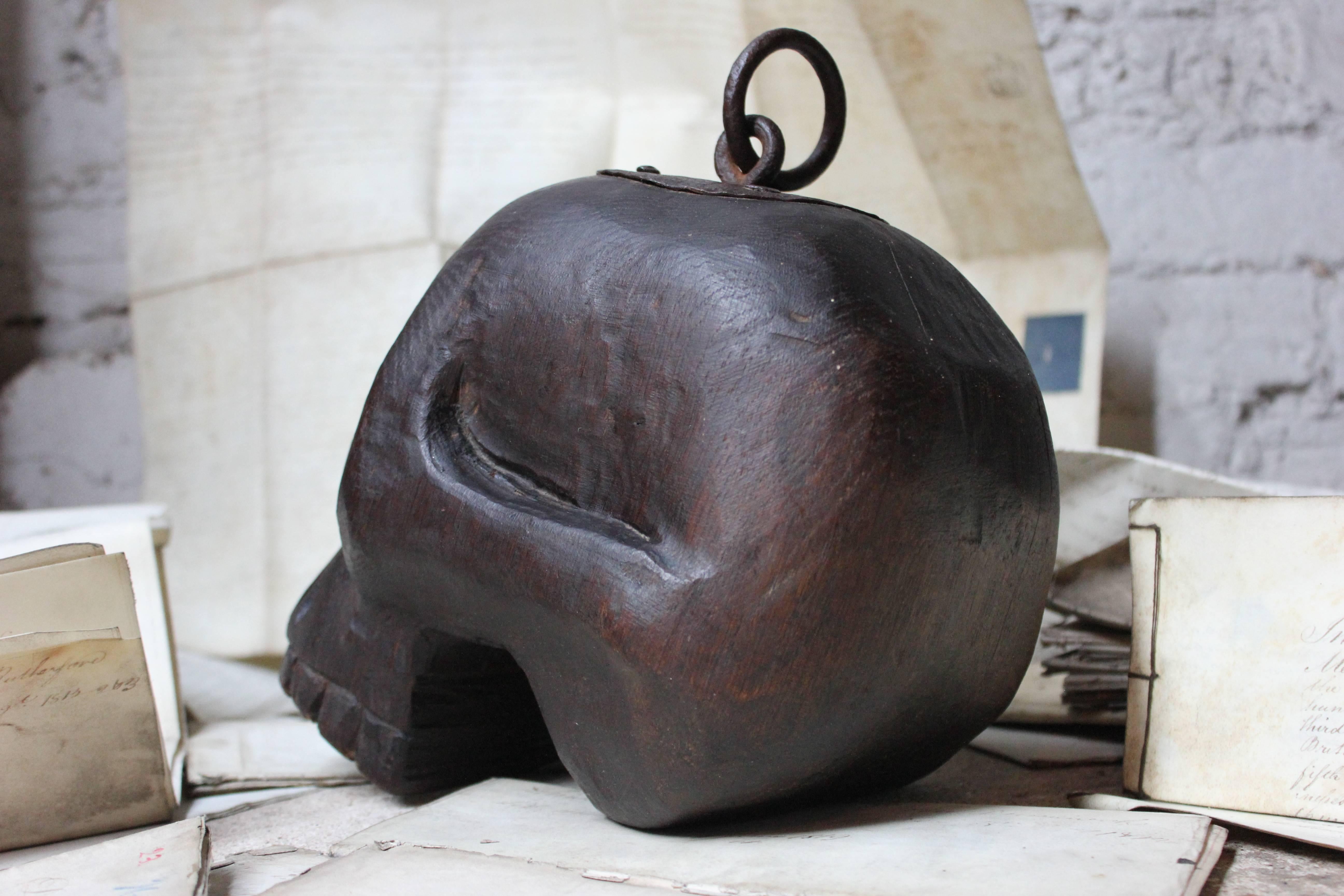 George II 18th Century Oak and Iron Mounted Memento Mori Doorstop Carved as a Human Skull