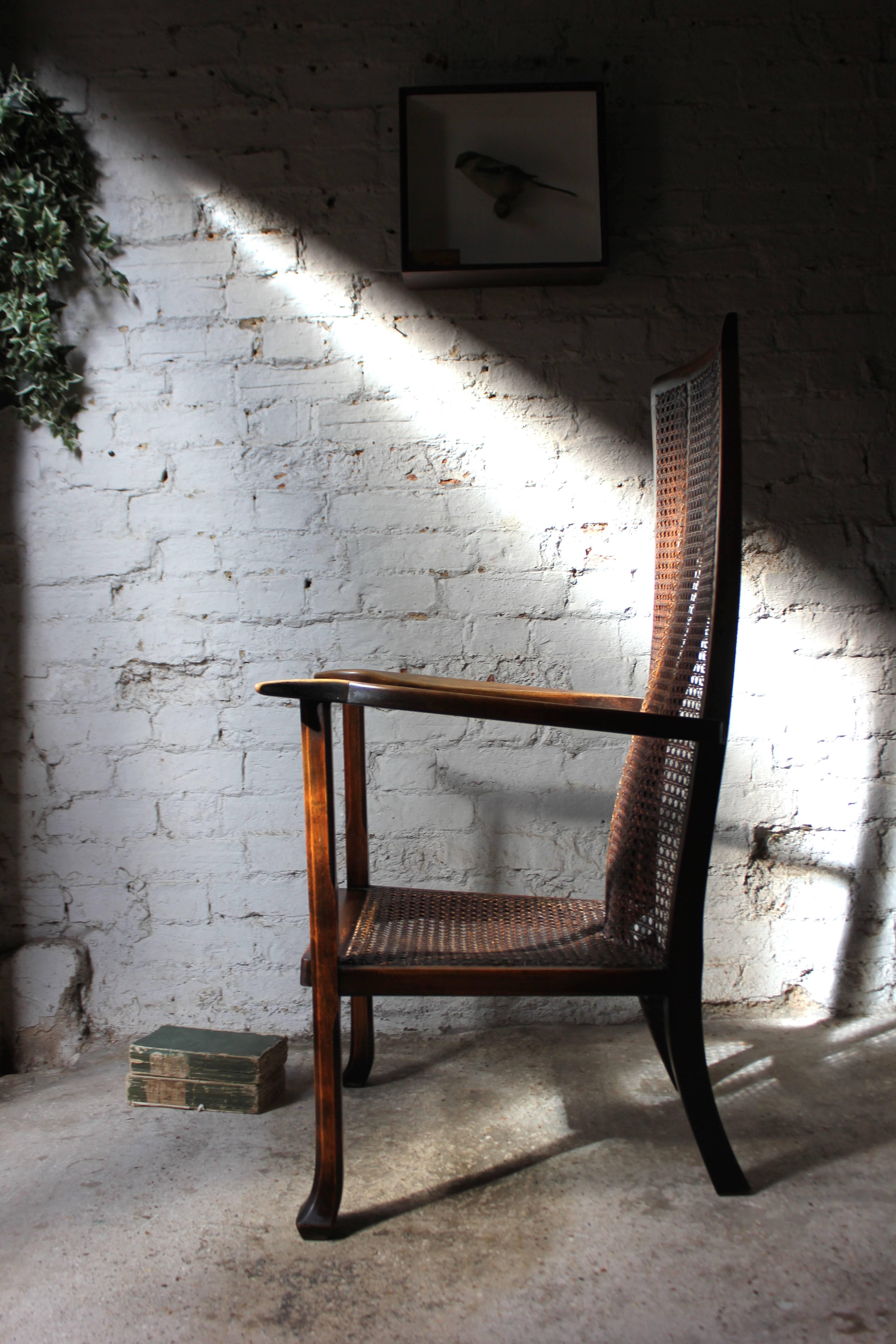 Arts & Crafts Period High-Back Oak & Wicker Open Armchair, circa 1900-1915 In Excellent Condition In Bedford, Bedfordshire
