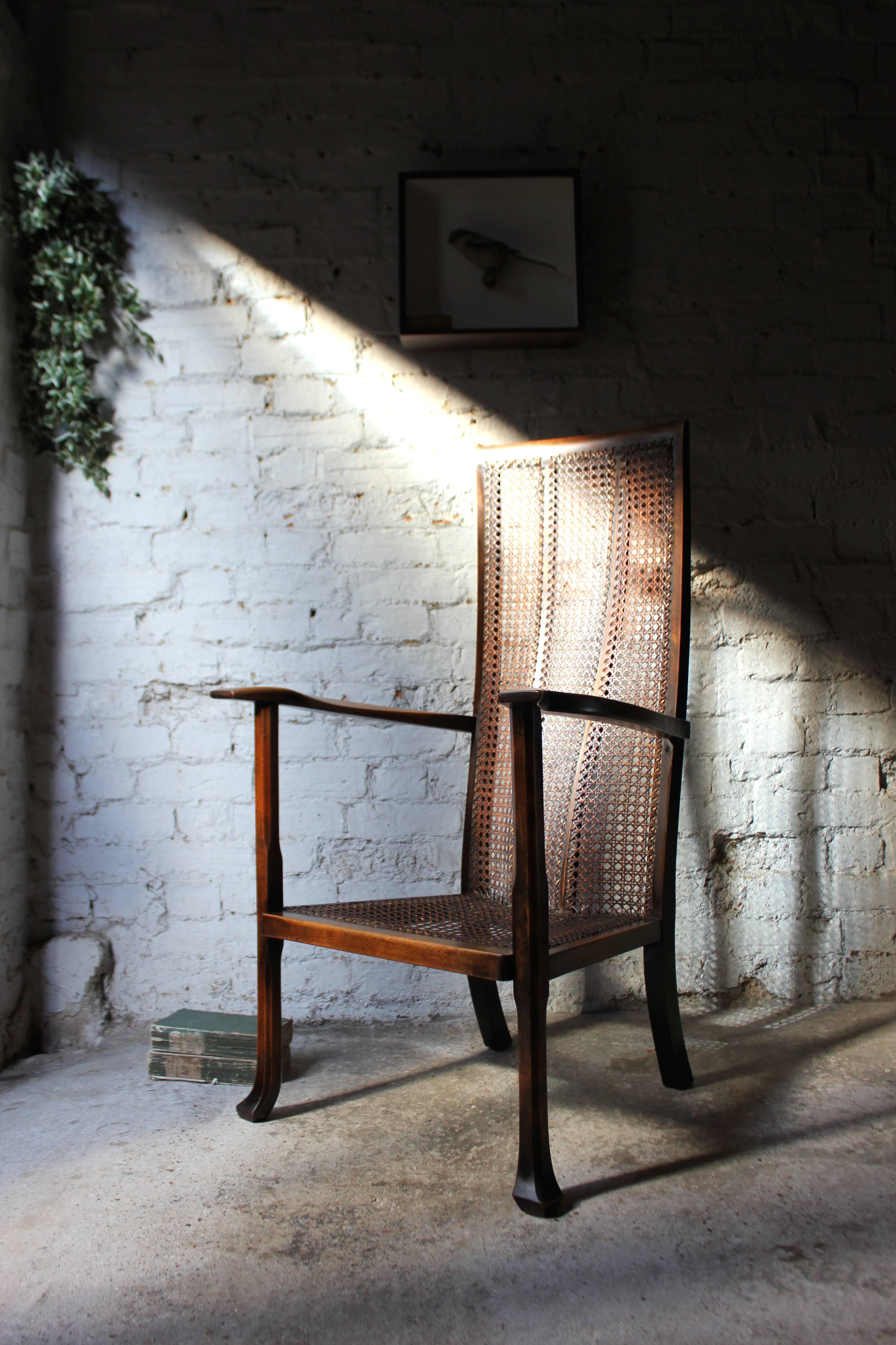 Early 20th Century Arts & Crafts Period High-Back Oak & Wicker Open Armchair, circa 1900-1915