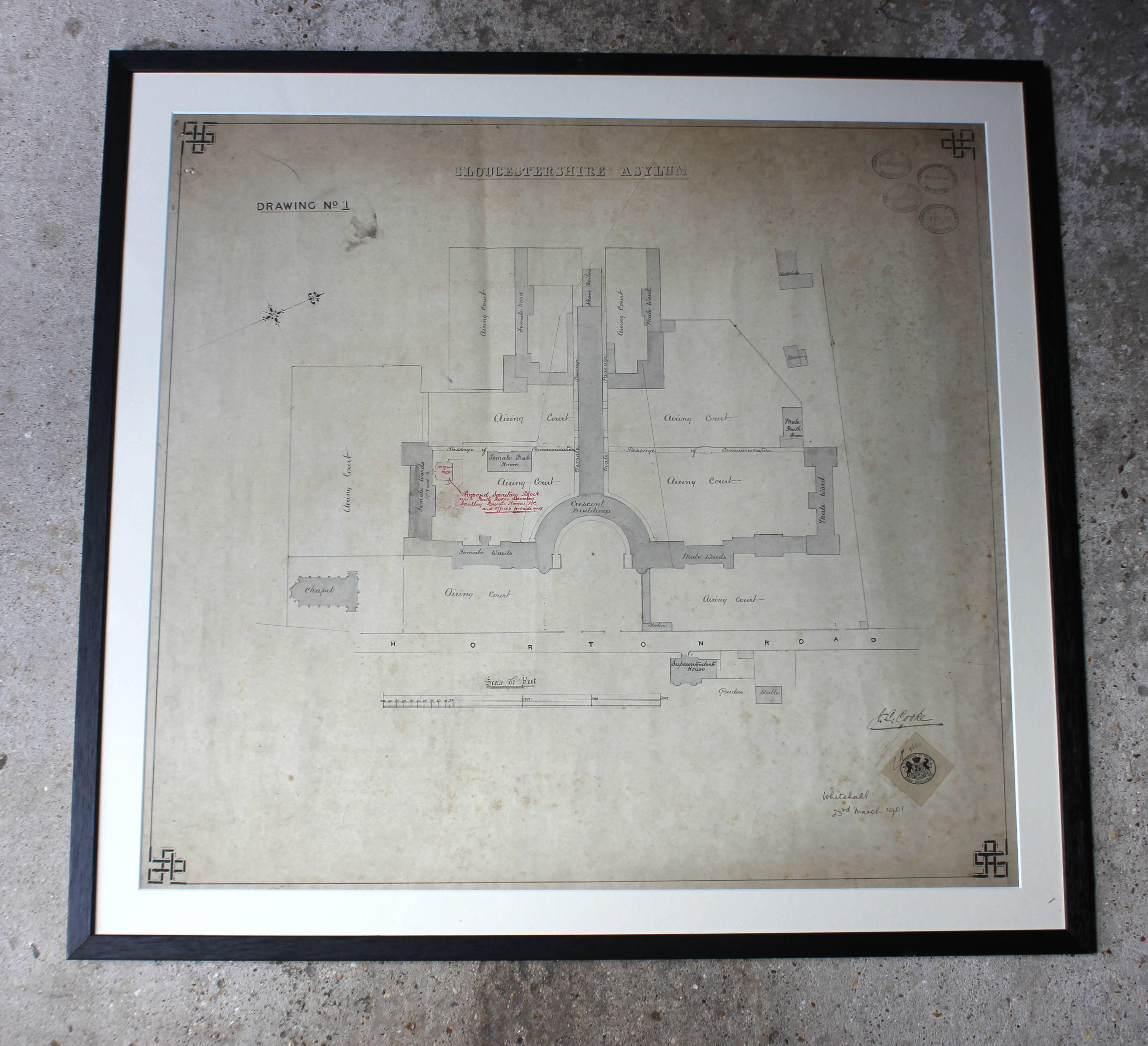 The decorative group of four large architects drawings and one site plan, of mixed sizes, each framed and glazed, comprising three drawings dated 1880 and one dated 1906, all by Giles, Gough and Trollope architects, with the site plan inscribed J C