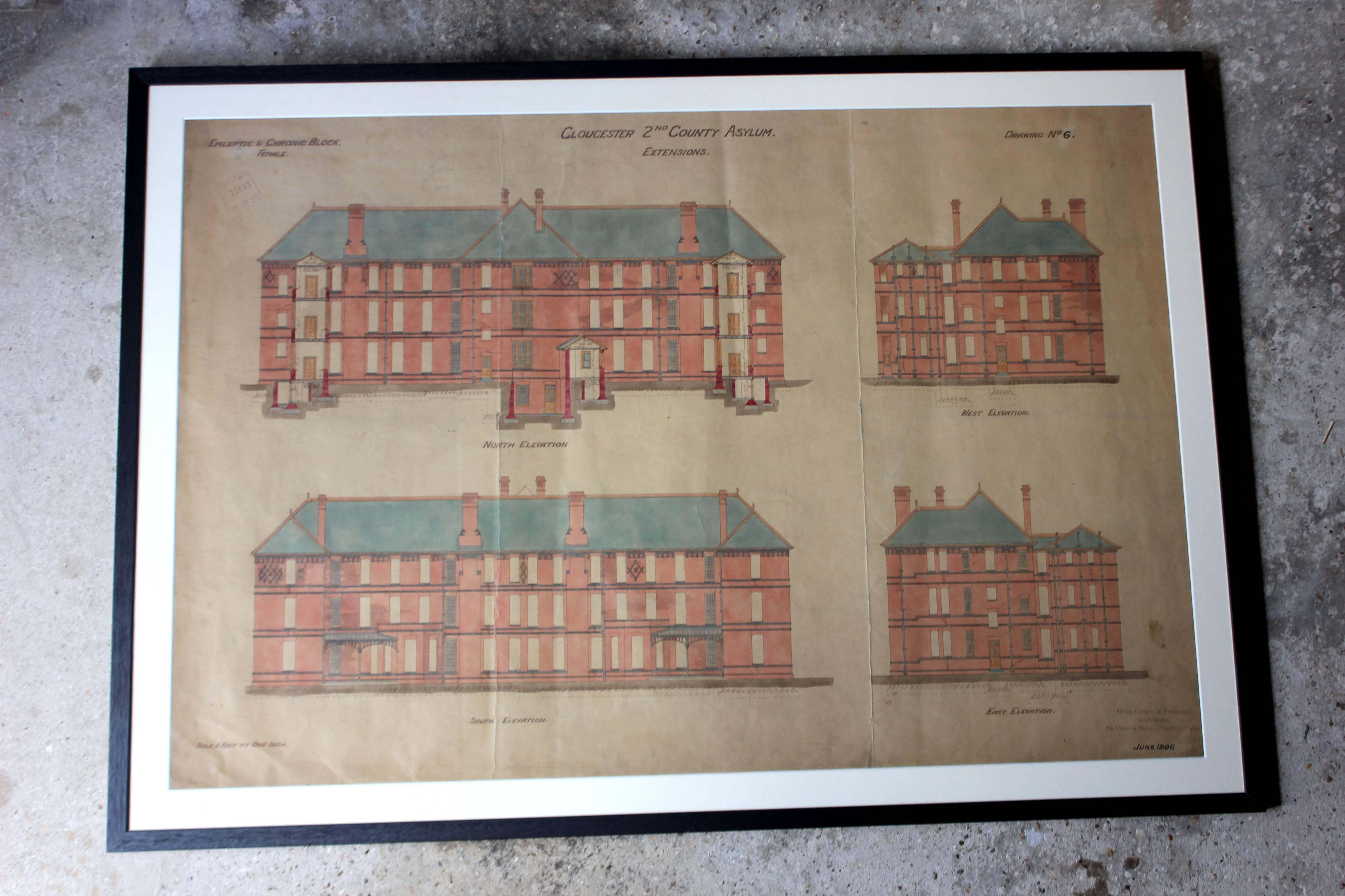 Late Victorian Five Framed 19th century Architects Drawings and Plans, Lunatic Asylum Interest