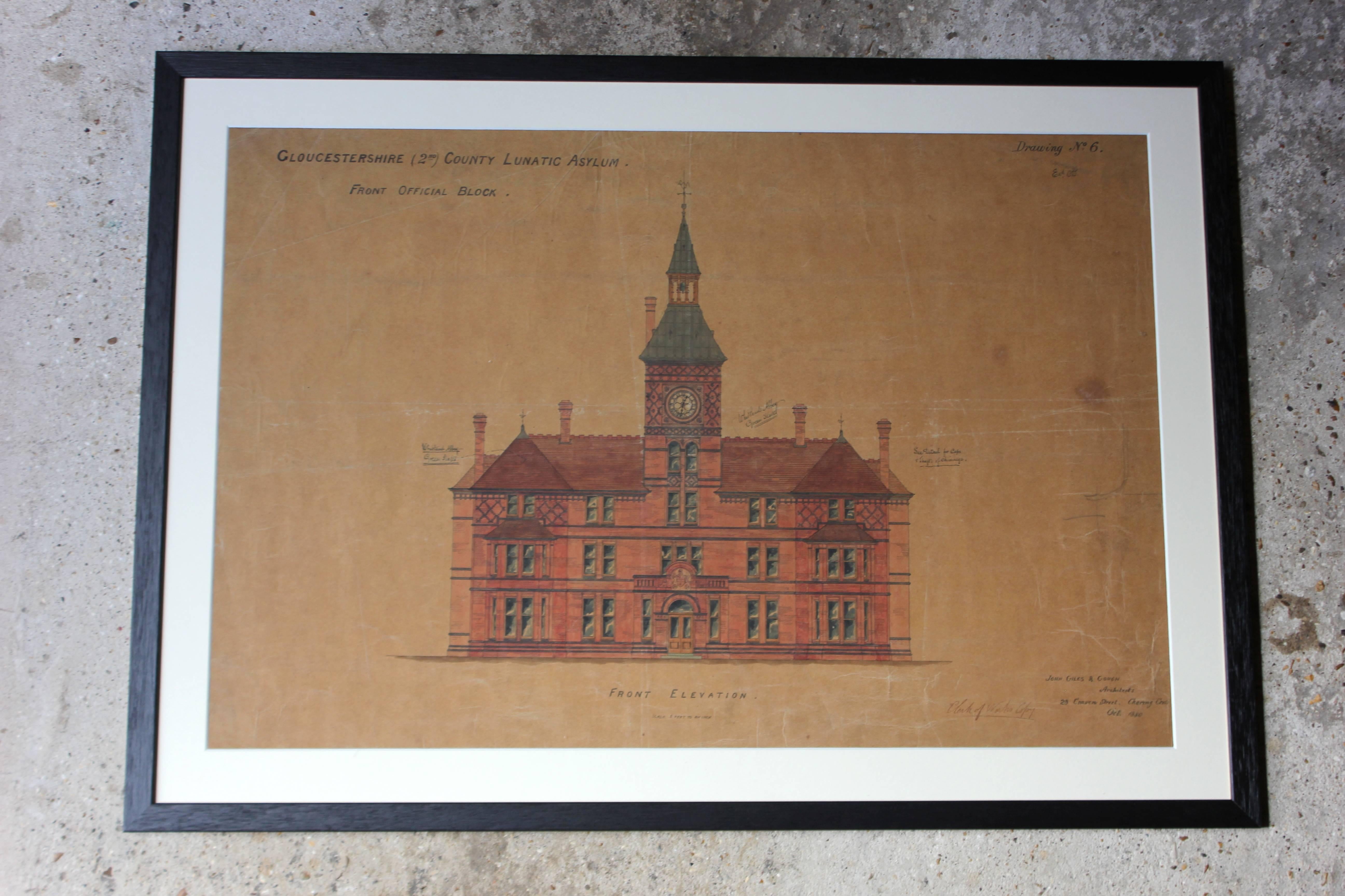 English Five Framed 19th century Architects Drawings and Plans, Lunatic Asylum Interest