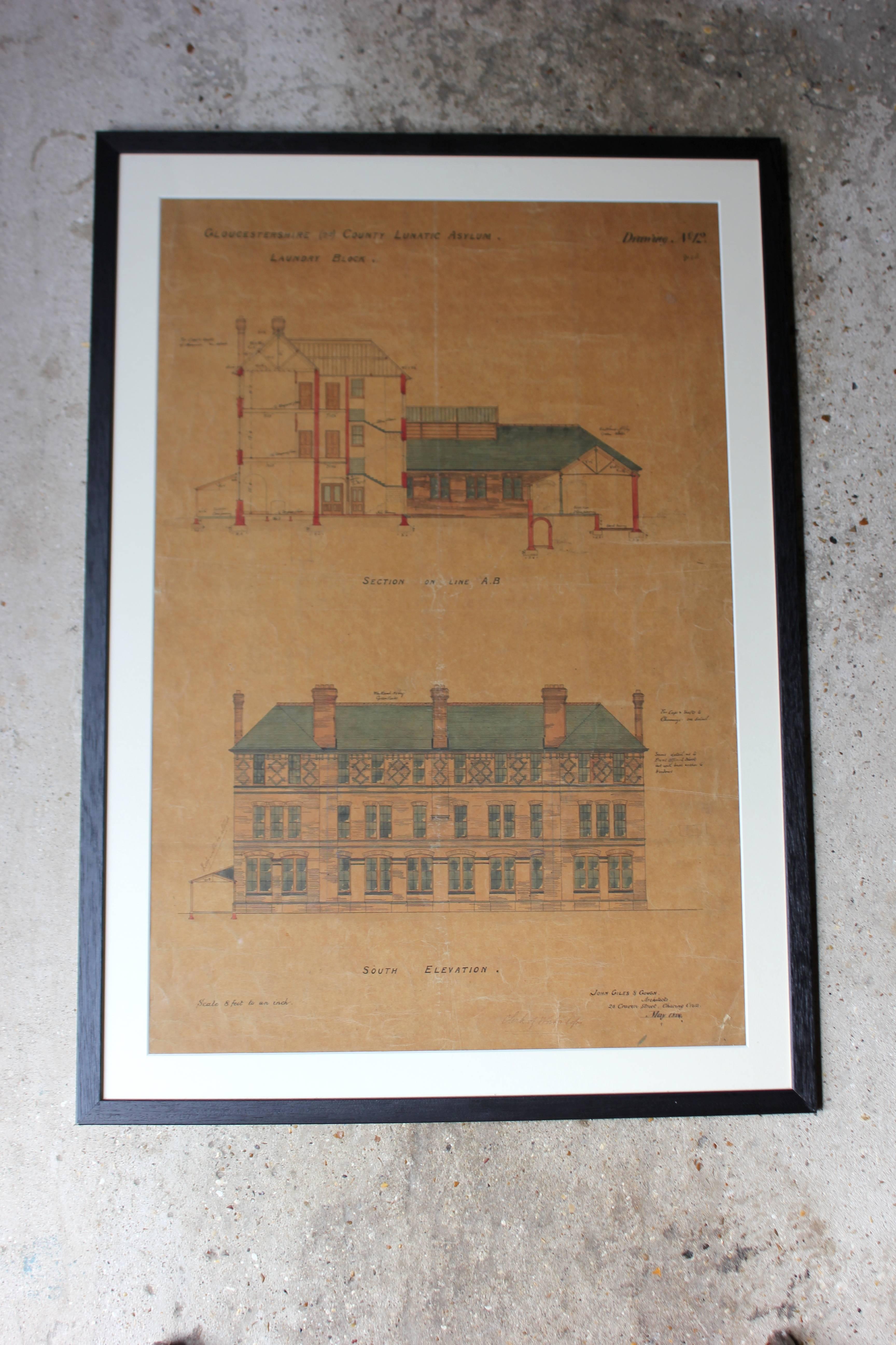 Five Framed 19th century Architects Drawings and Plans, Lunatic Asylum Interest In Good Condition In Bedford, Bedfordshire